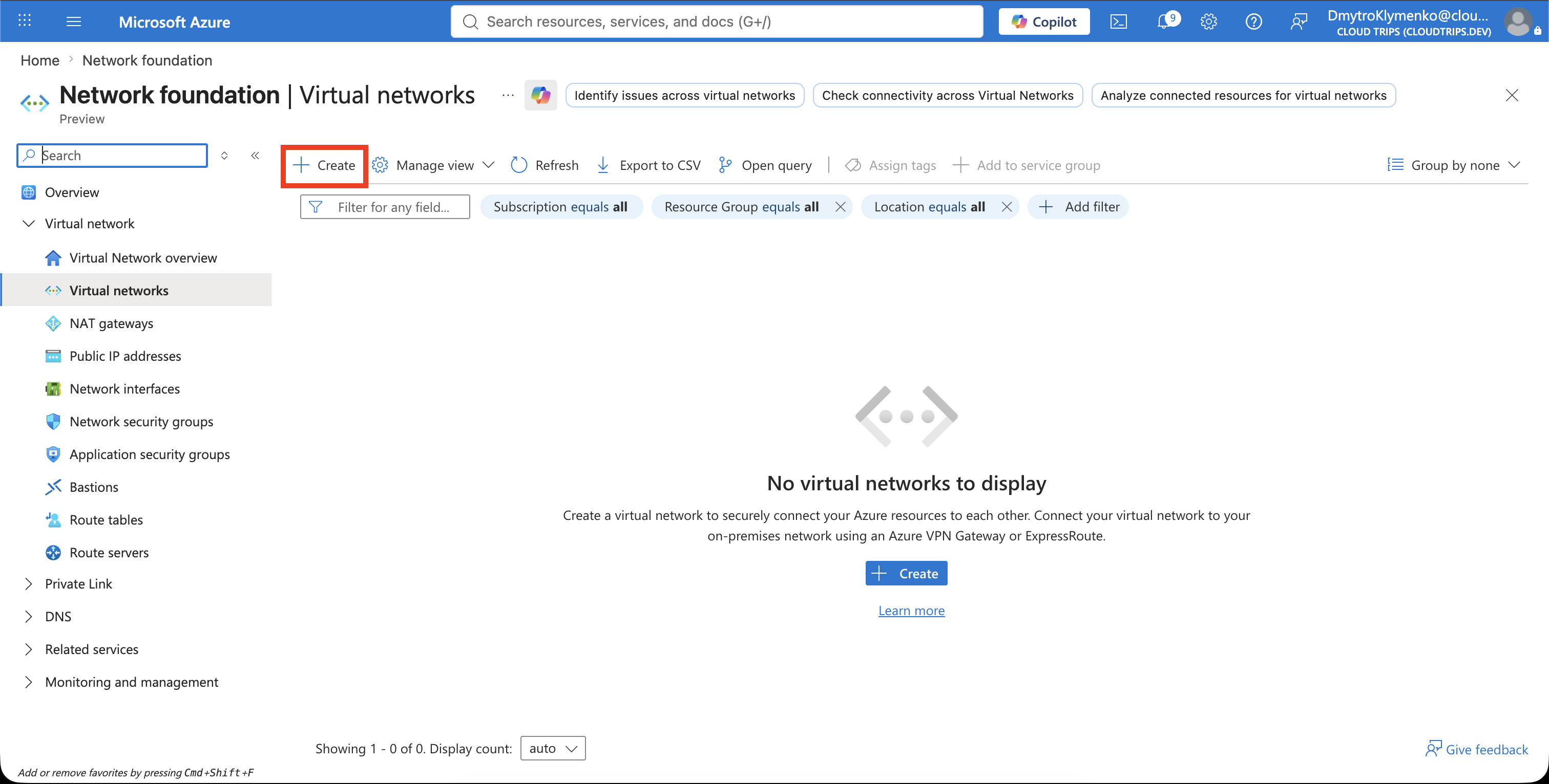 Azure Virtual networks page with the Create action available