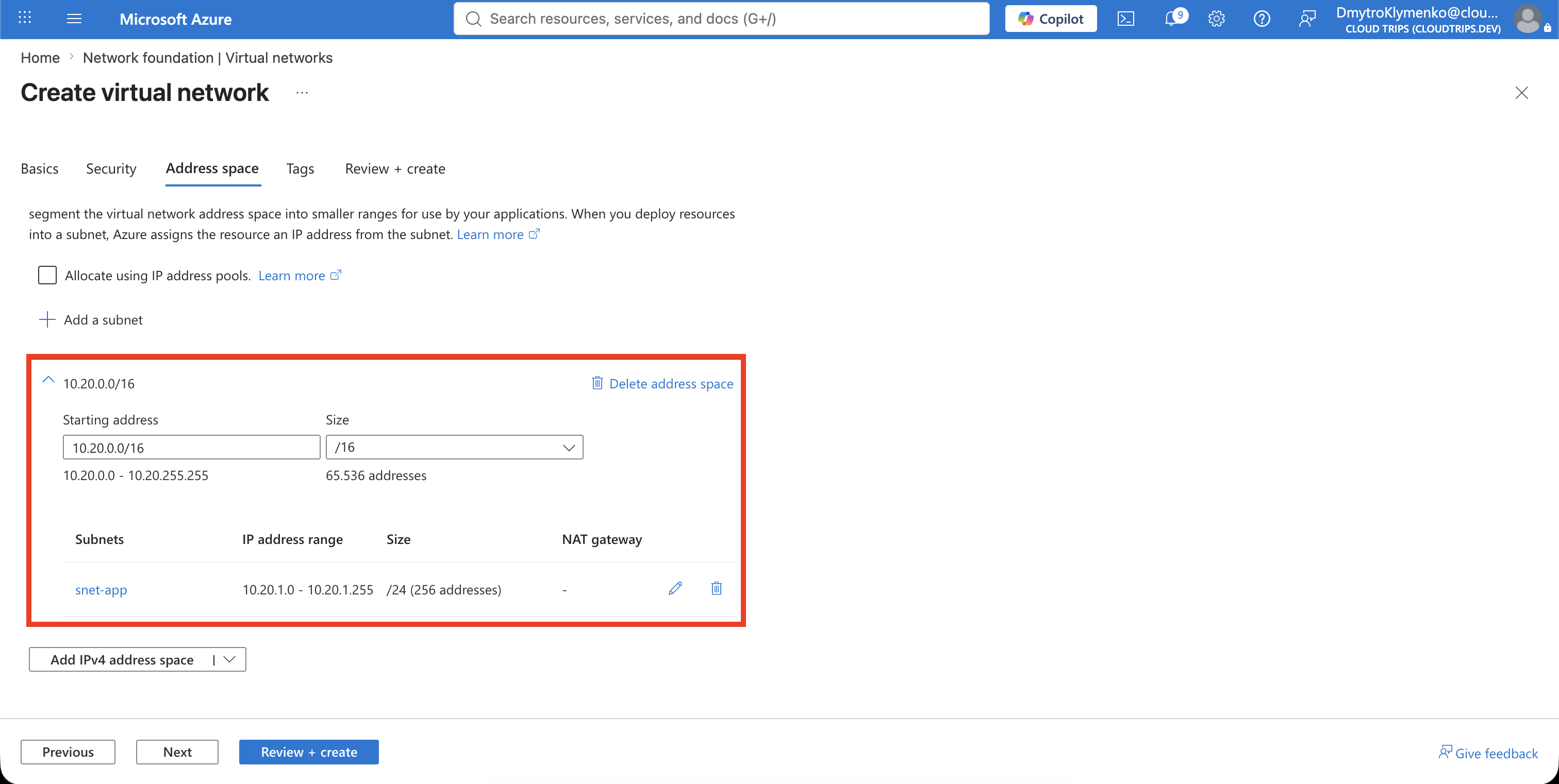 Create virtual network IP Addresses tab showing the VNet address space and snet-app subnet