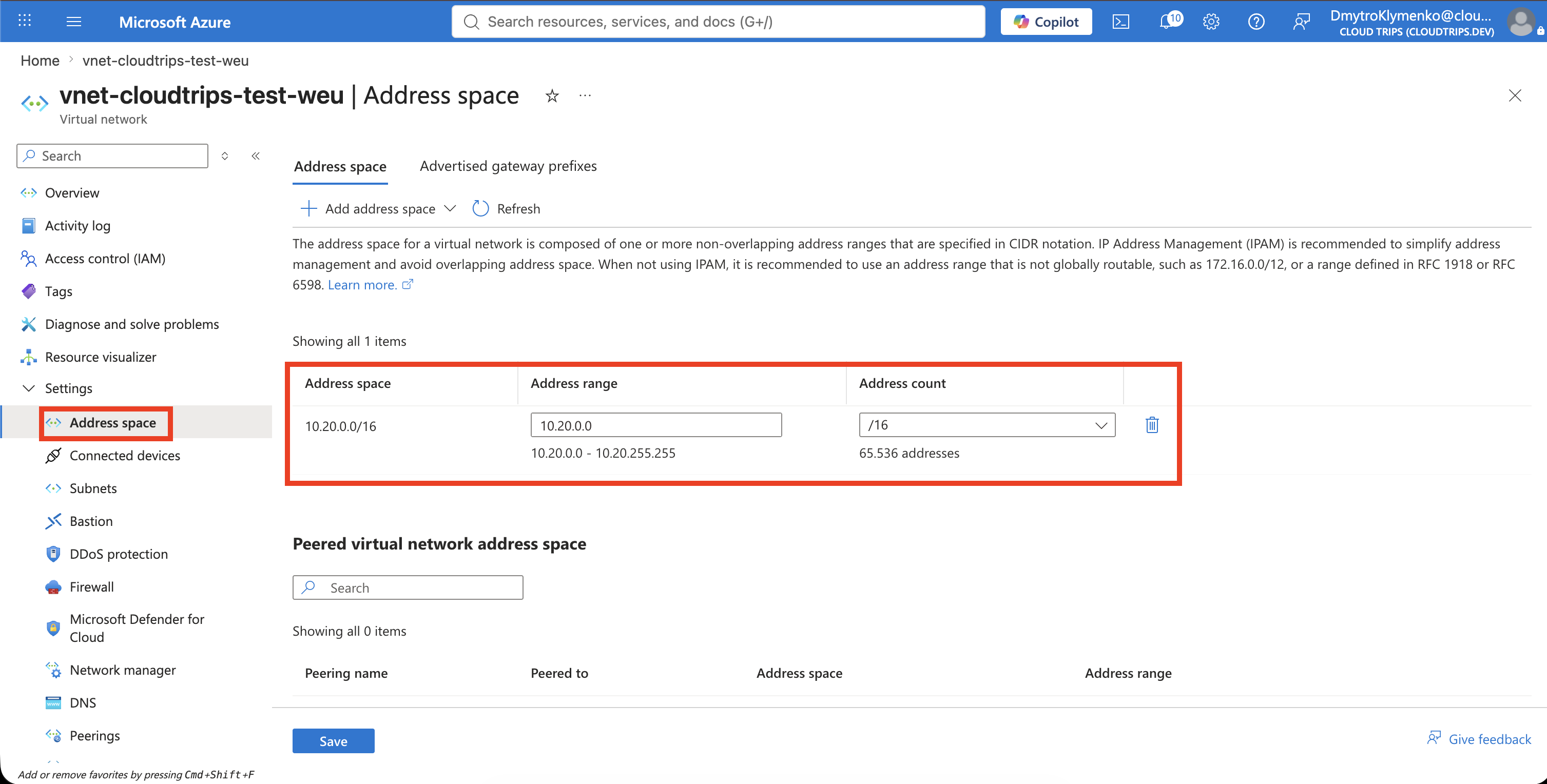 Created CloudTrips TEST VNet showing the planned 10.20.0.0/16 address space