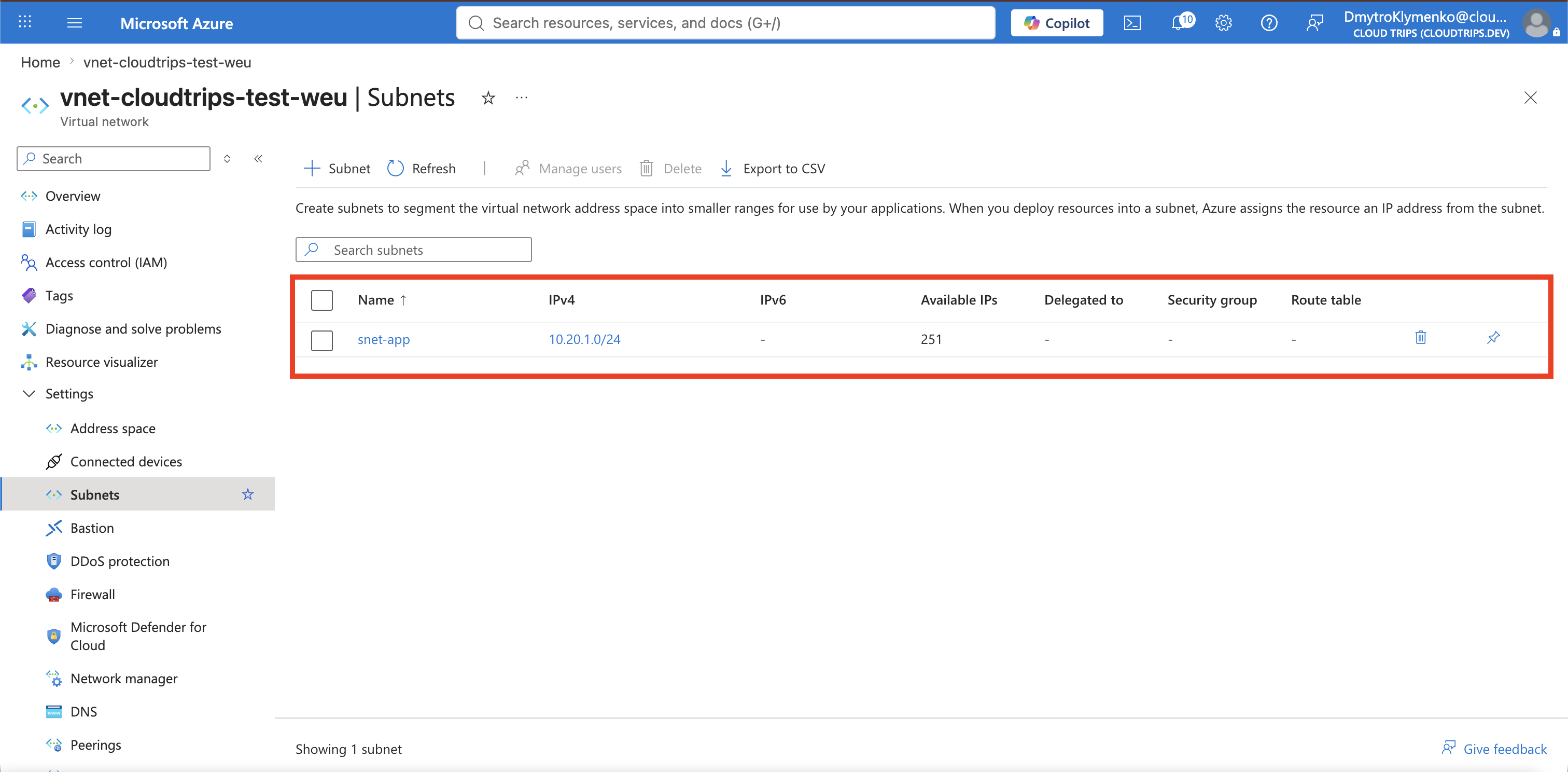 CloudTrips TEST VNet Subnets page showing the private snet-app application subnet