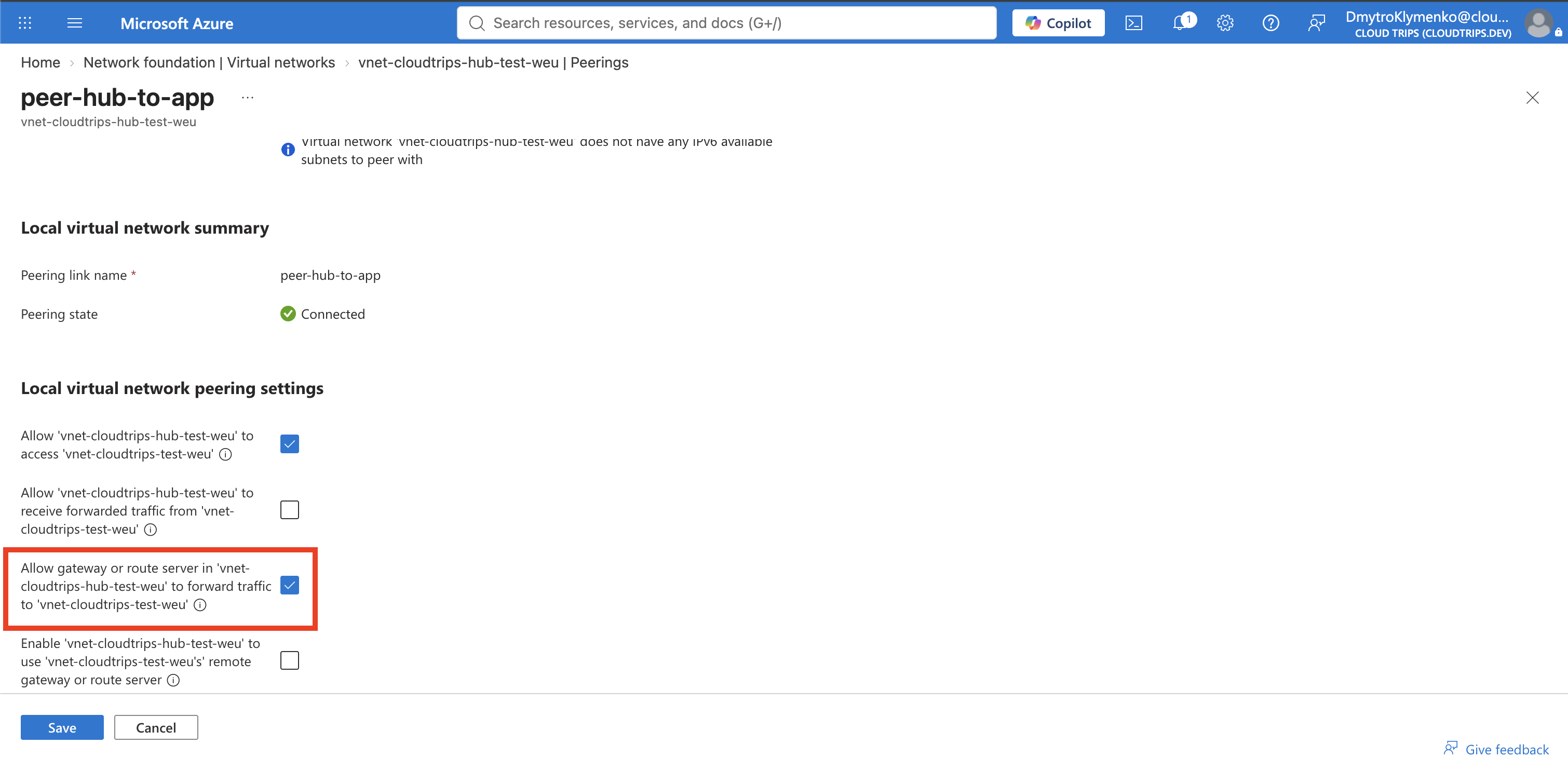 CloudTrips spoke-to-hub peering showing use of the remote hub gateway enabled