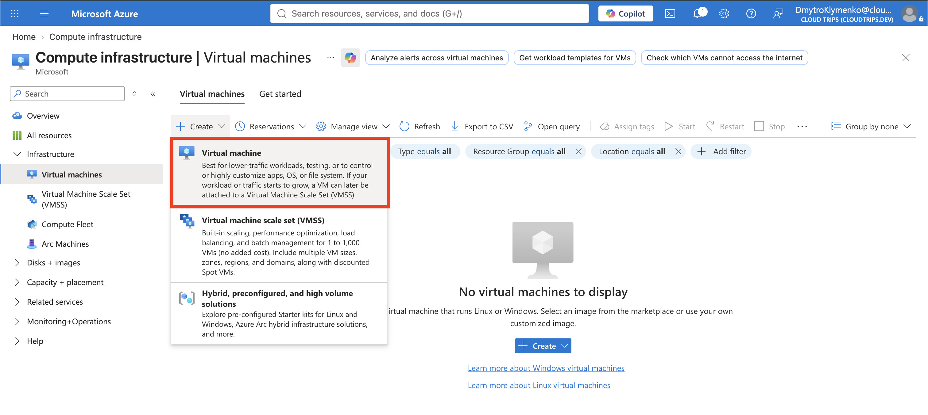 Azure Virtual machines page with the Azure virtual machine creation action available