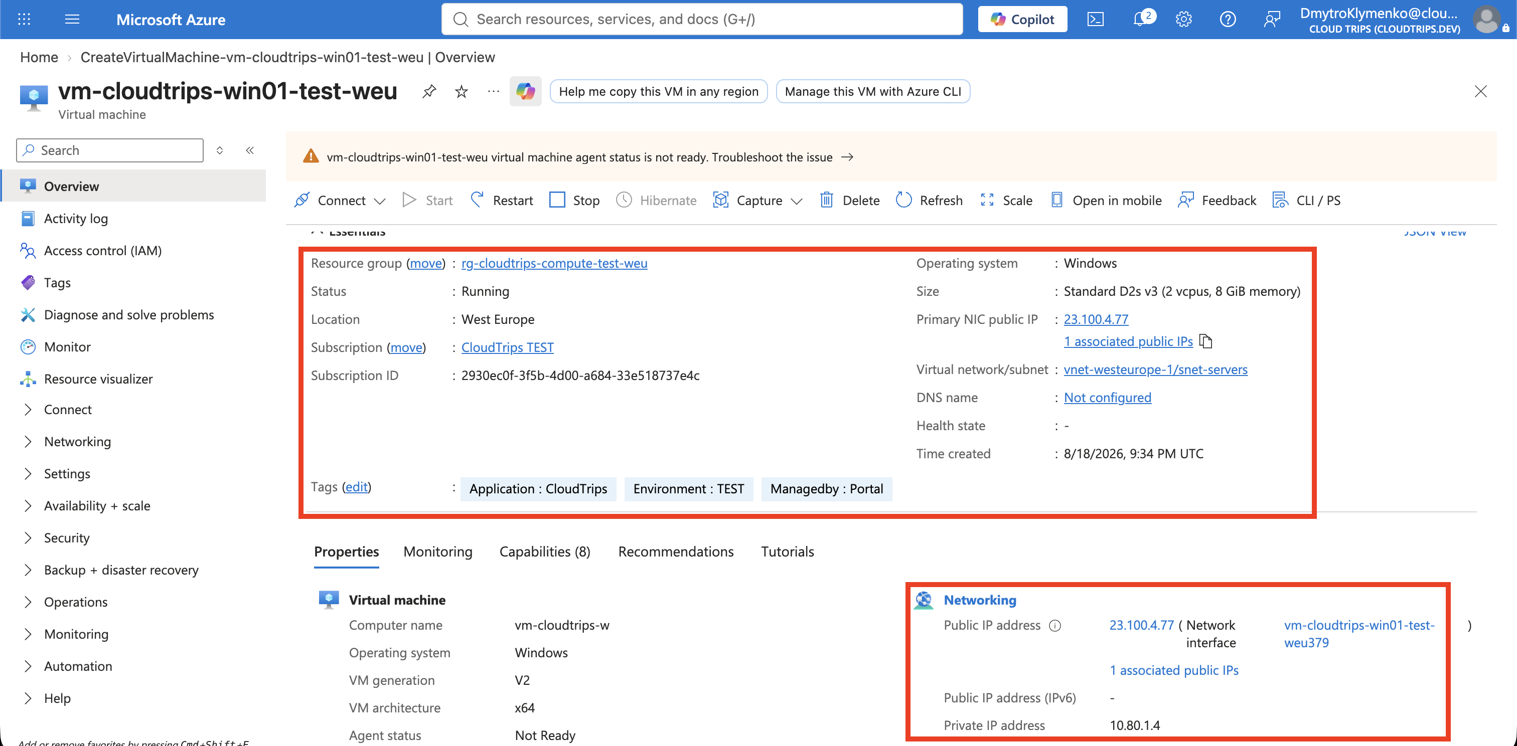 Running Windows VM Overview showing its status, size, public IP, and private IP