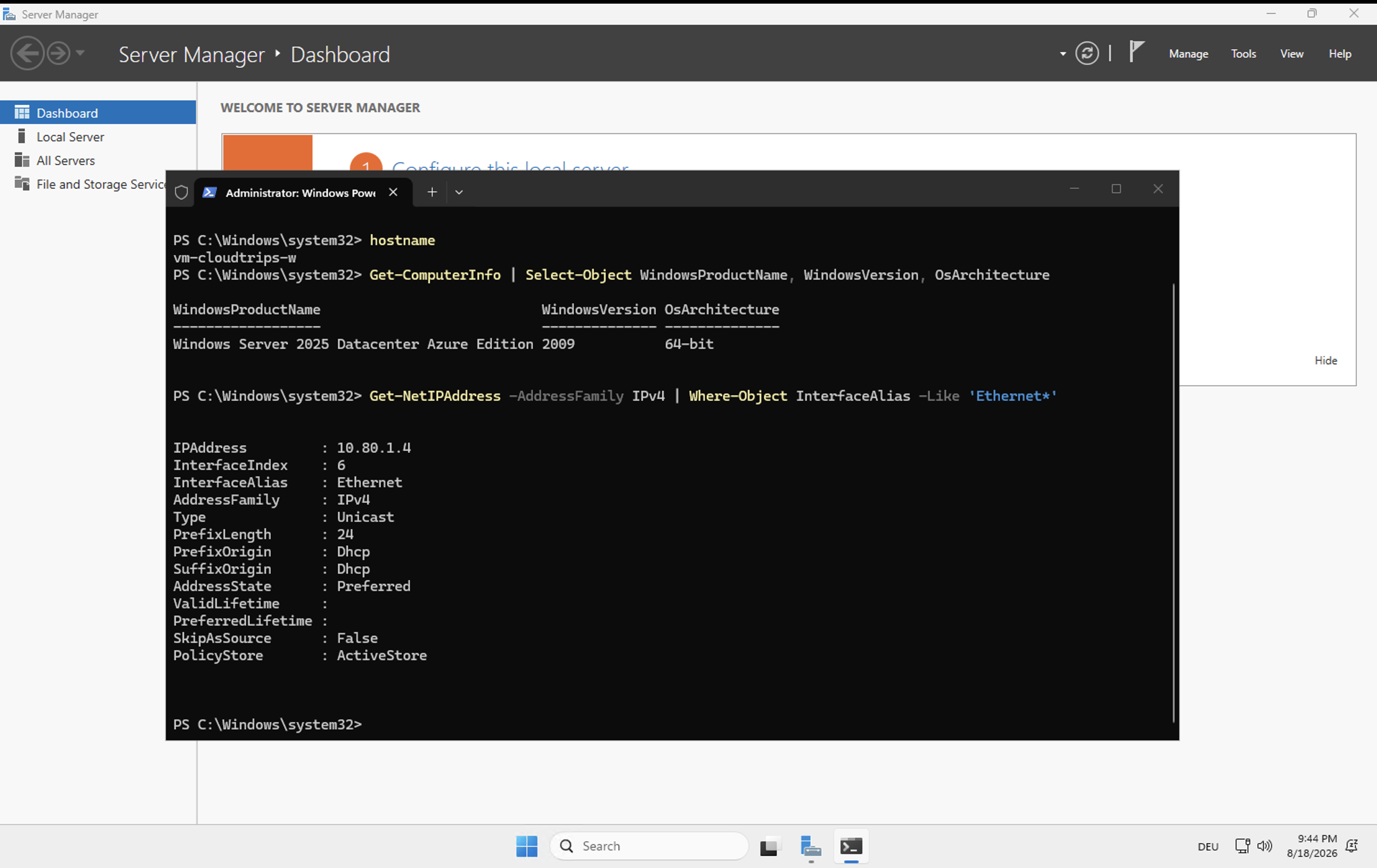 RDP session with PowerShell showing the Windows server hostname, operating system, and private IP address