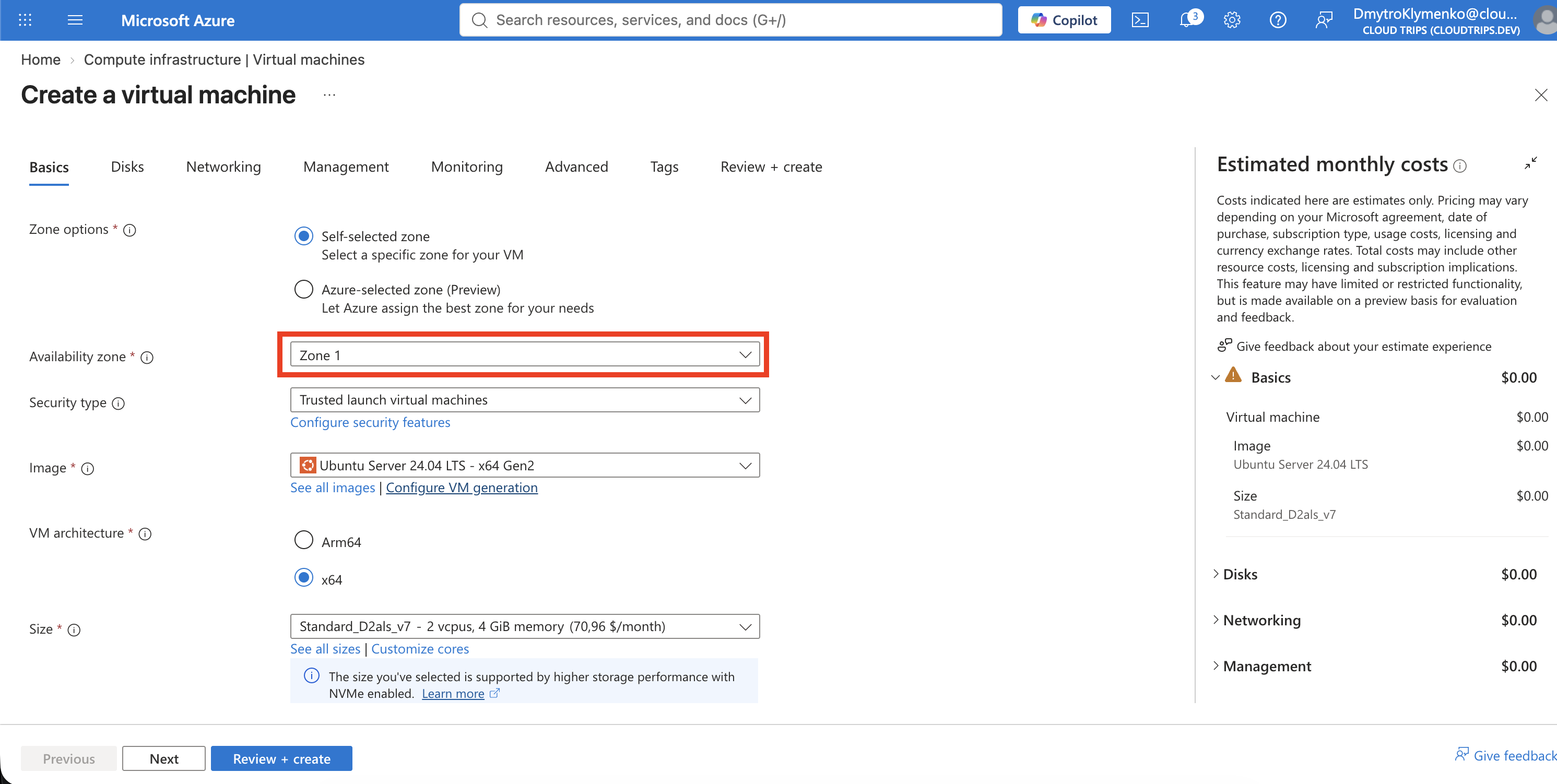 First VM Basics tab showing self-selected availability Zone 1