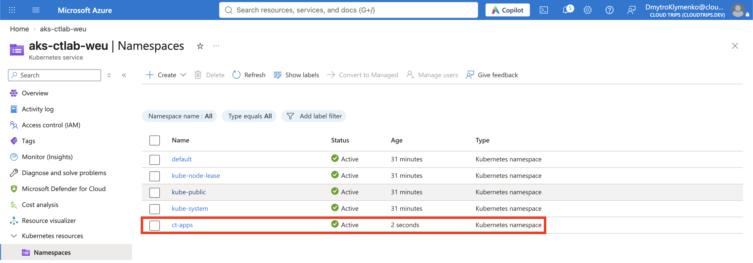 AKS Namespaces showing the active ct-apps namespace.