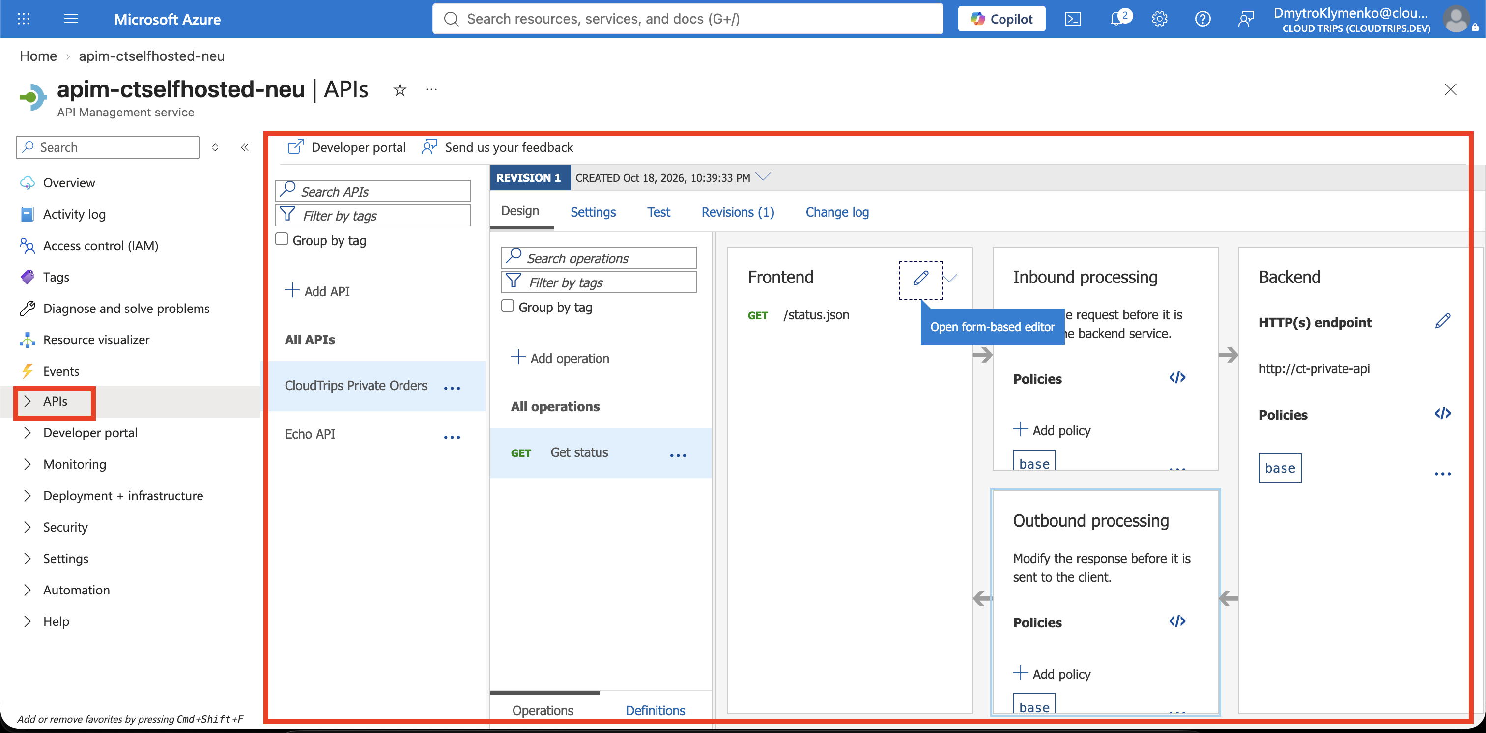 Private Orders API showing the local backend URL and GET status operation.