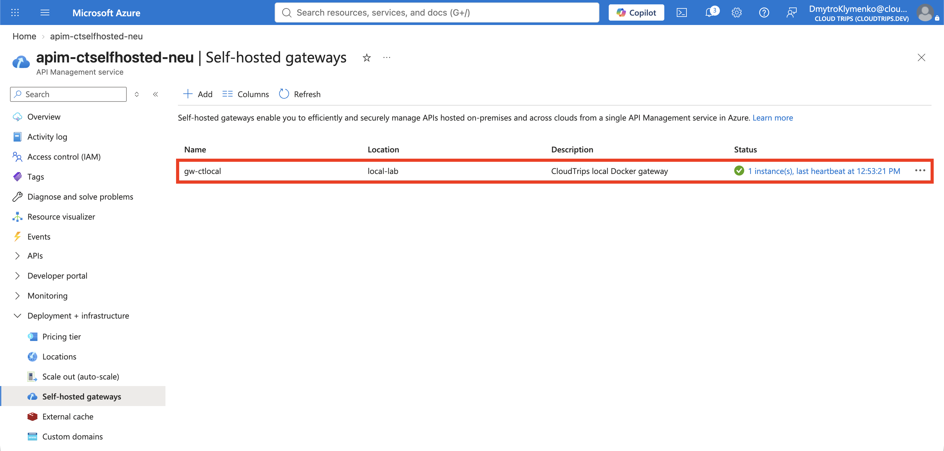gw-ctlocal reporting a healthy connected gateway instance in API Management.