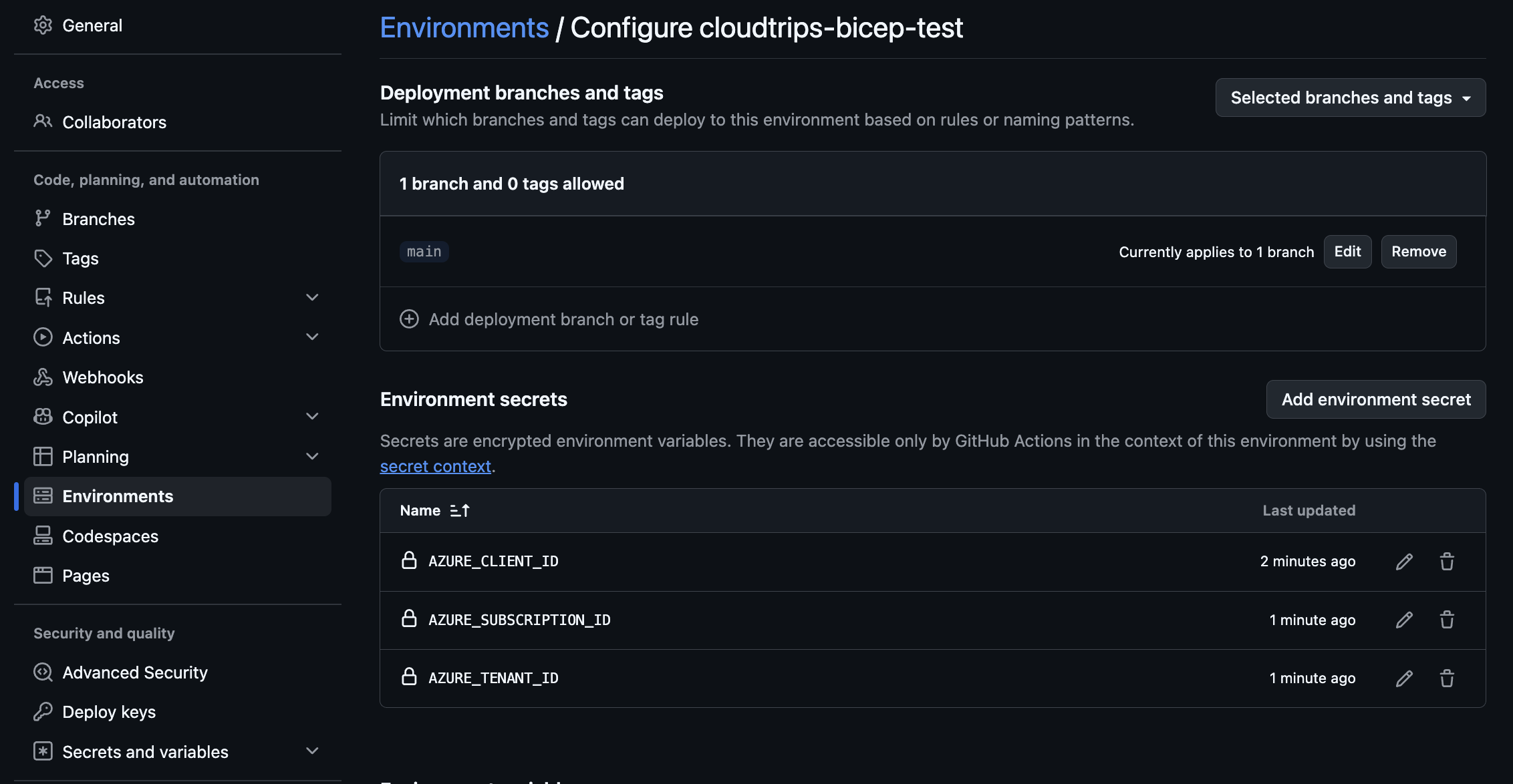 GitHub-Umgebung für CloudTrips Bicep TEST mit den drei konfigurierten Namen der Azure-OIDC-Secrets
