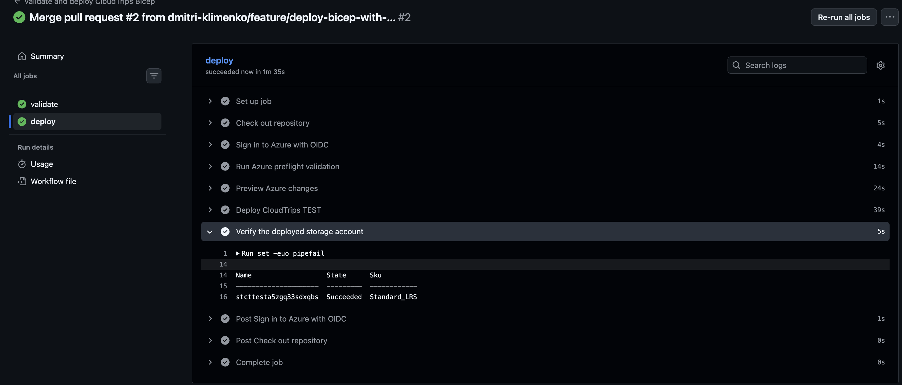 Erfolgreiche CloudTrips-Bicep-Bereitstellung aus main mit Job zur Überprüfung des Speicherkontos