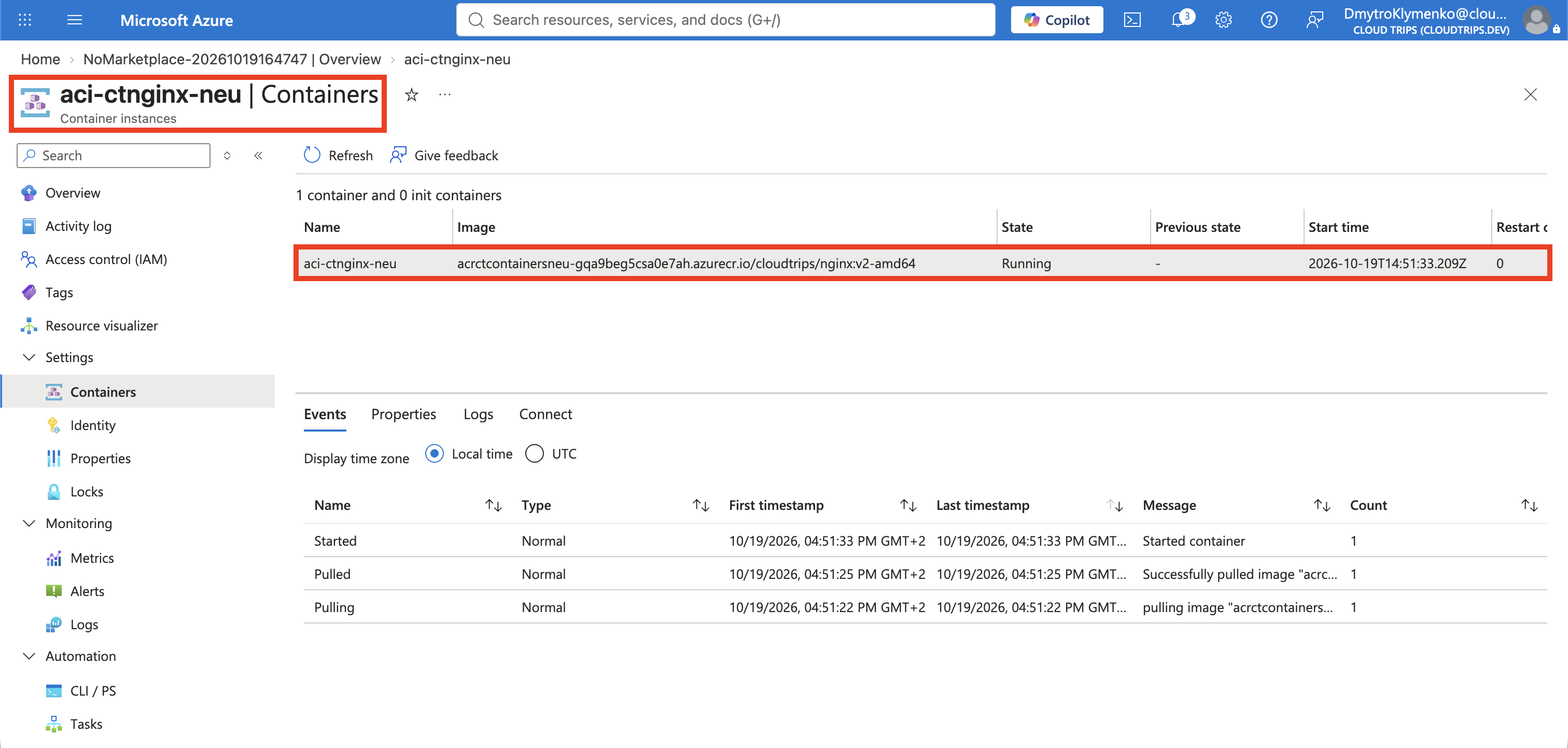 ACI-Übersicht mit laufendem Container, öffentlicher IP und Image aus der privaten Registry.
