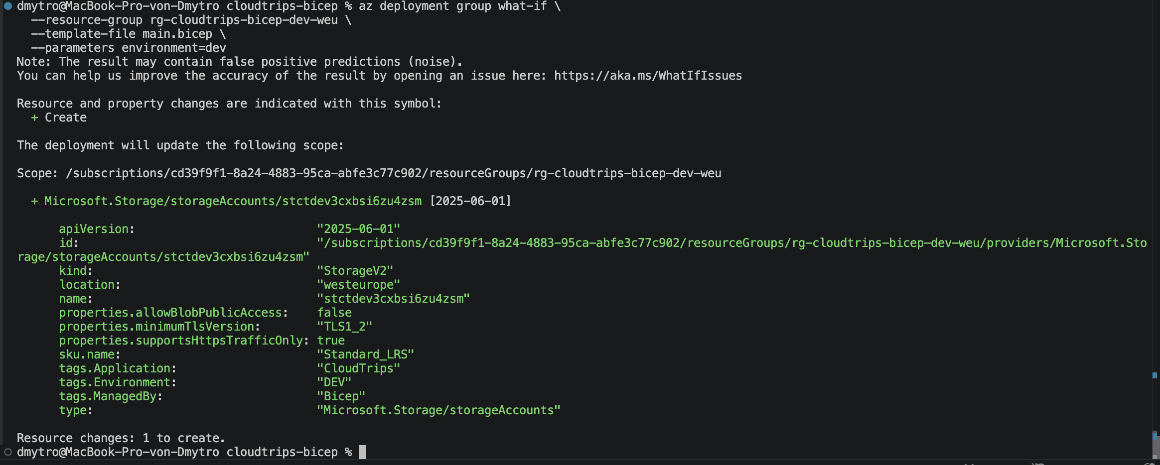 Bicep what-if output showing that the CloudTrips DEV storage account will be created
