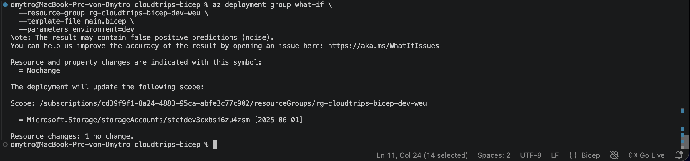 Second Bicep what-if operation showing no changes to the deployed storage account