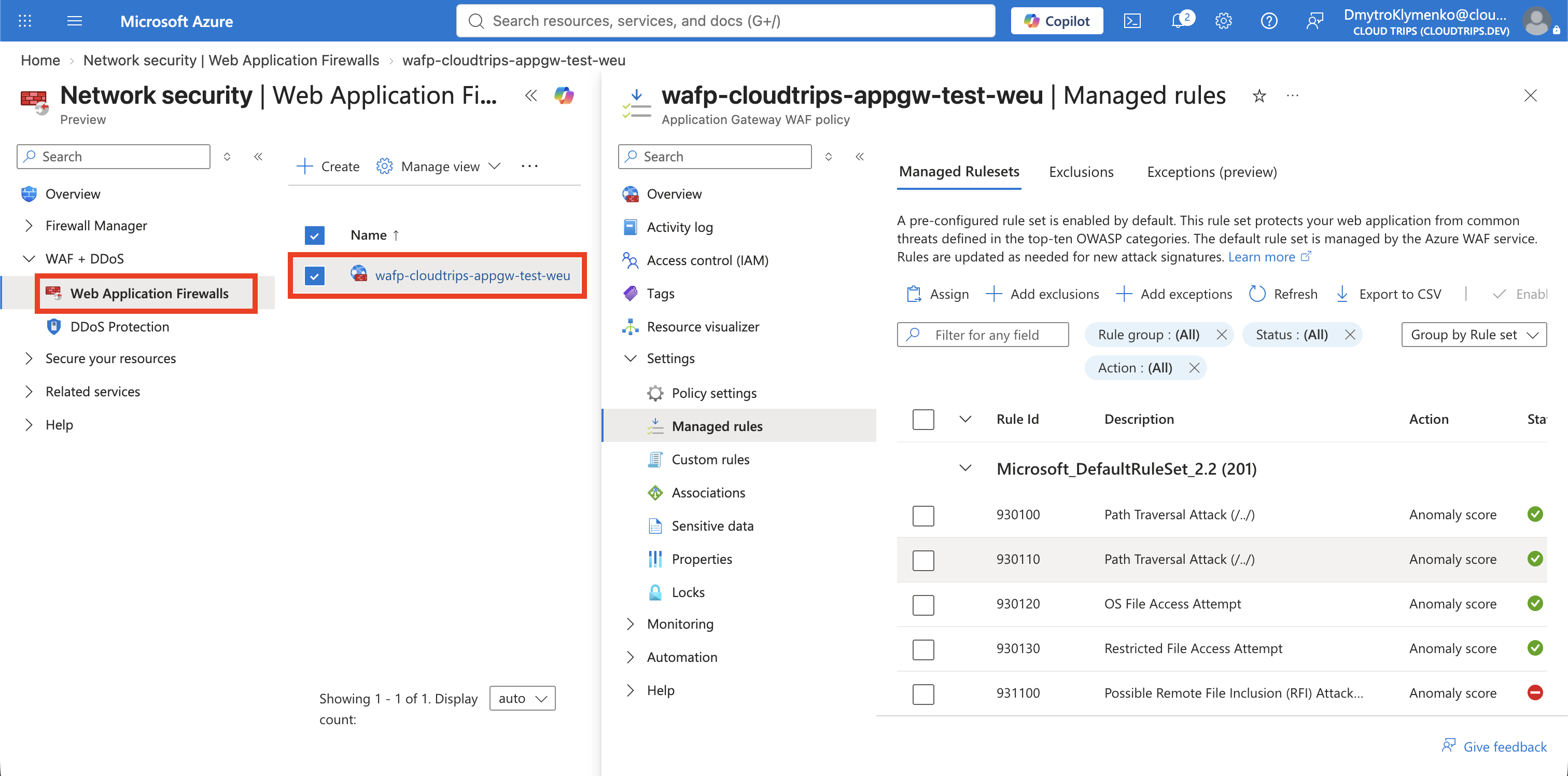 CloudTrips-Application-Gateway-WAF-Policy mit Prevention-Modus und Microsoft Default Rule Set 2.2
