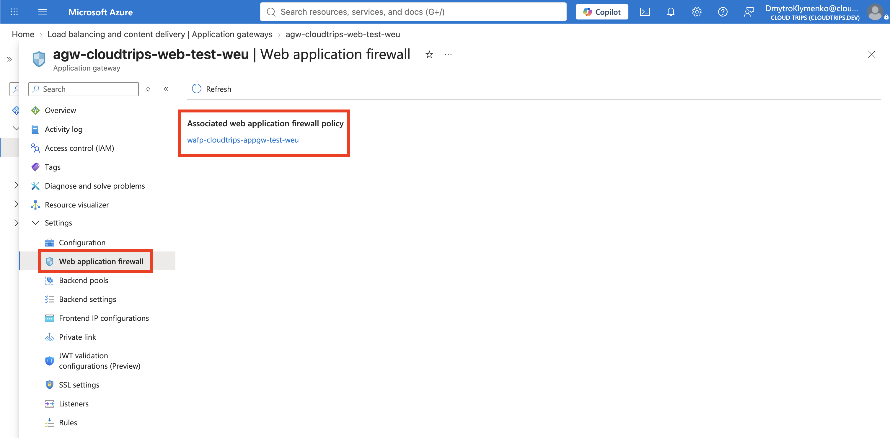 CloudTrips Application Gateway mit WAF_v2-Tarif und global zugeordneter WAF Policy