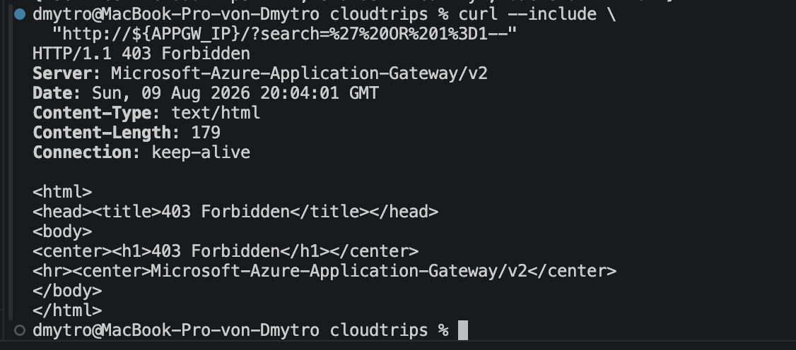 Lokales Terminal mit einem harmlosen SQL-Injection-Muster, das von Azure Application Gateway WAF mit HTTP 403 blockiert wird