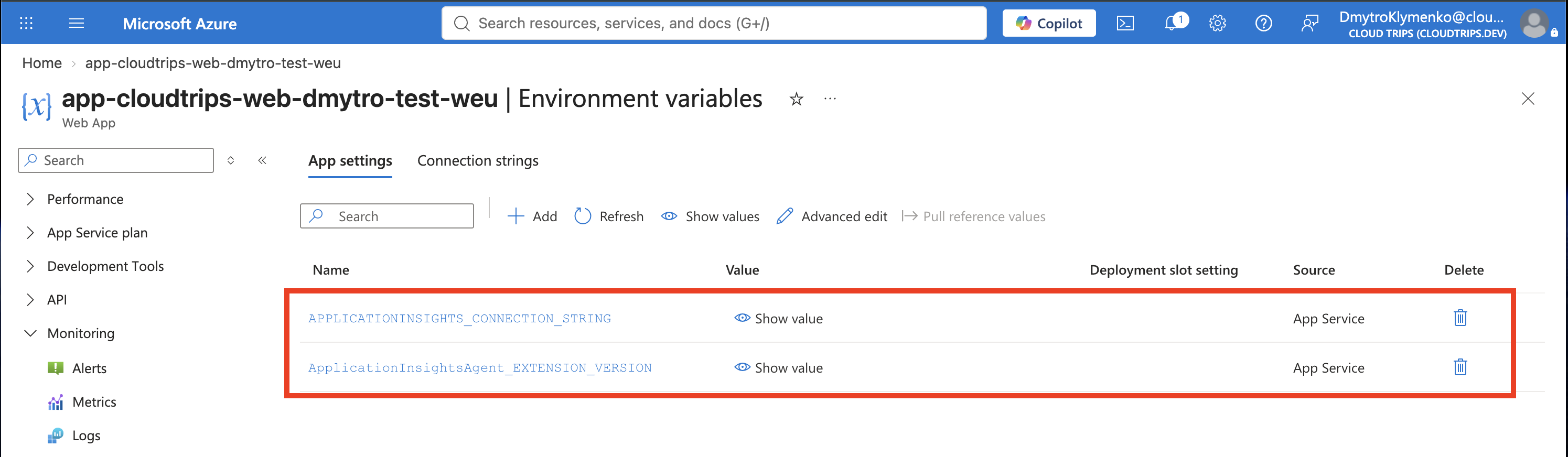 App Service application settings for the Application Insights connection string and instrumentation agent, with values concealed.