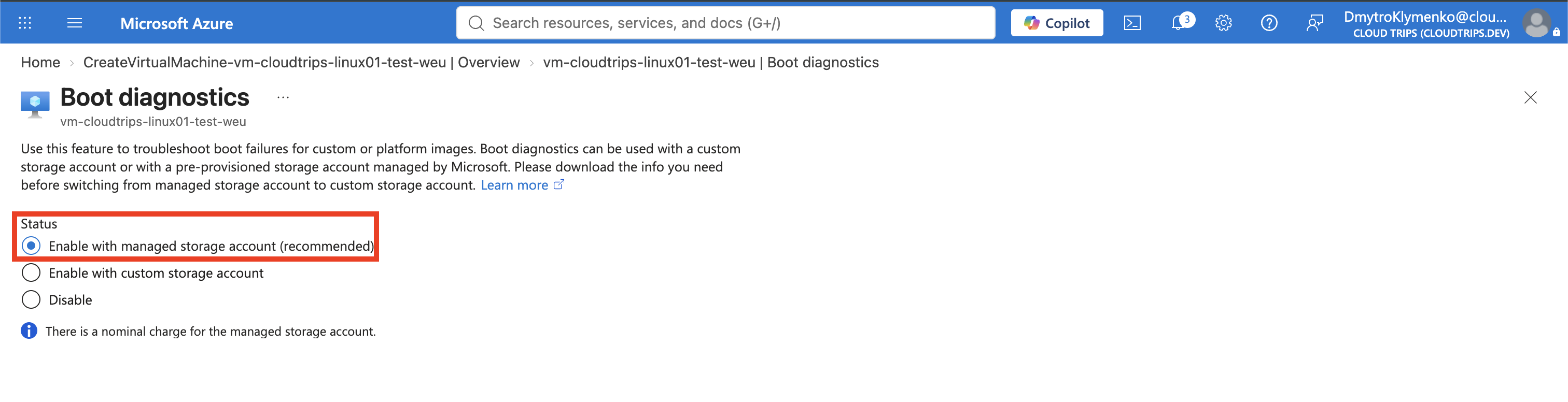 Boot diagnostics Settings page with managed storage enabled