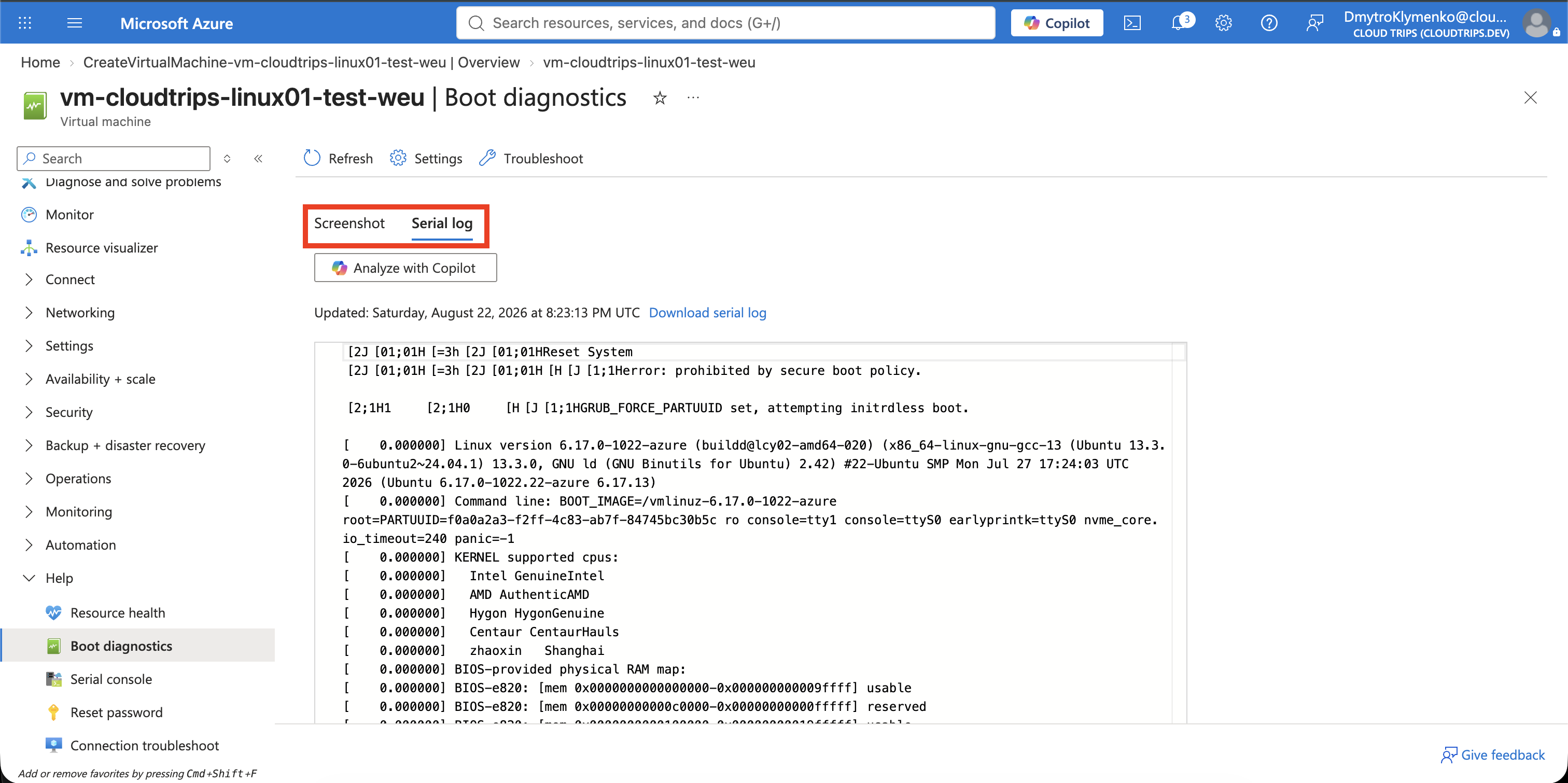 Boot diagnostics page showing the Ubuntu console screenshot and serial log