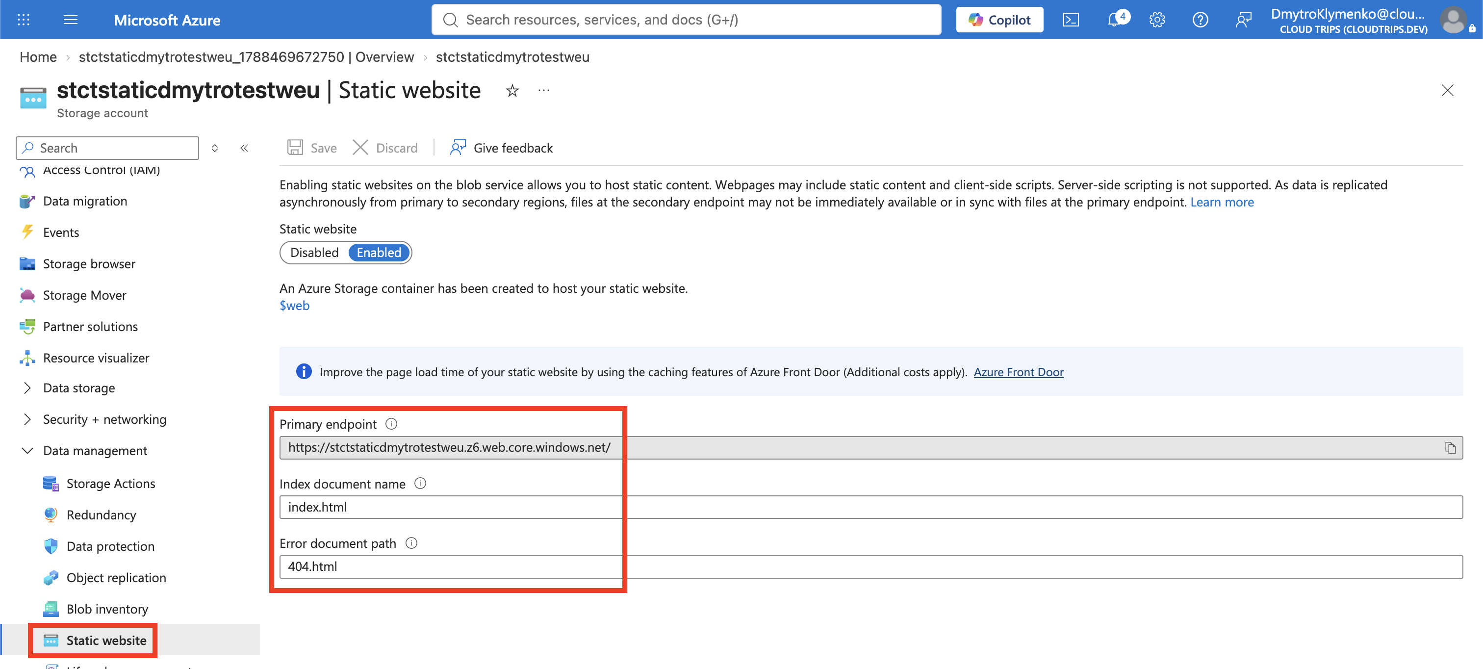 Static website page showing index.html, 404.html, and the generated primary endpoint