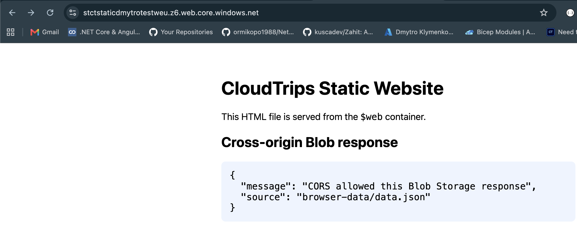 Static website showing the JSON returned from the cross-origin Blob request