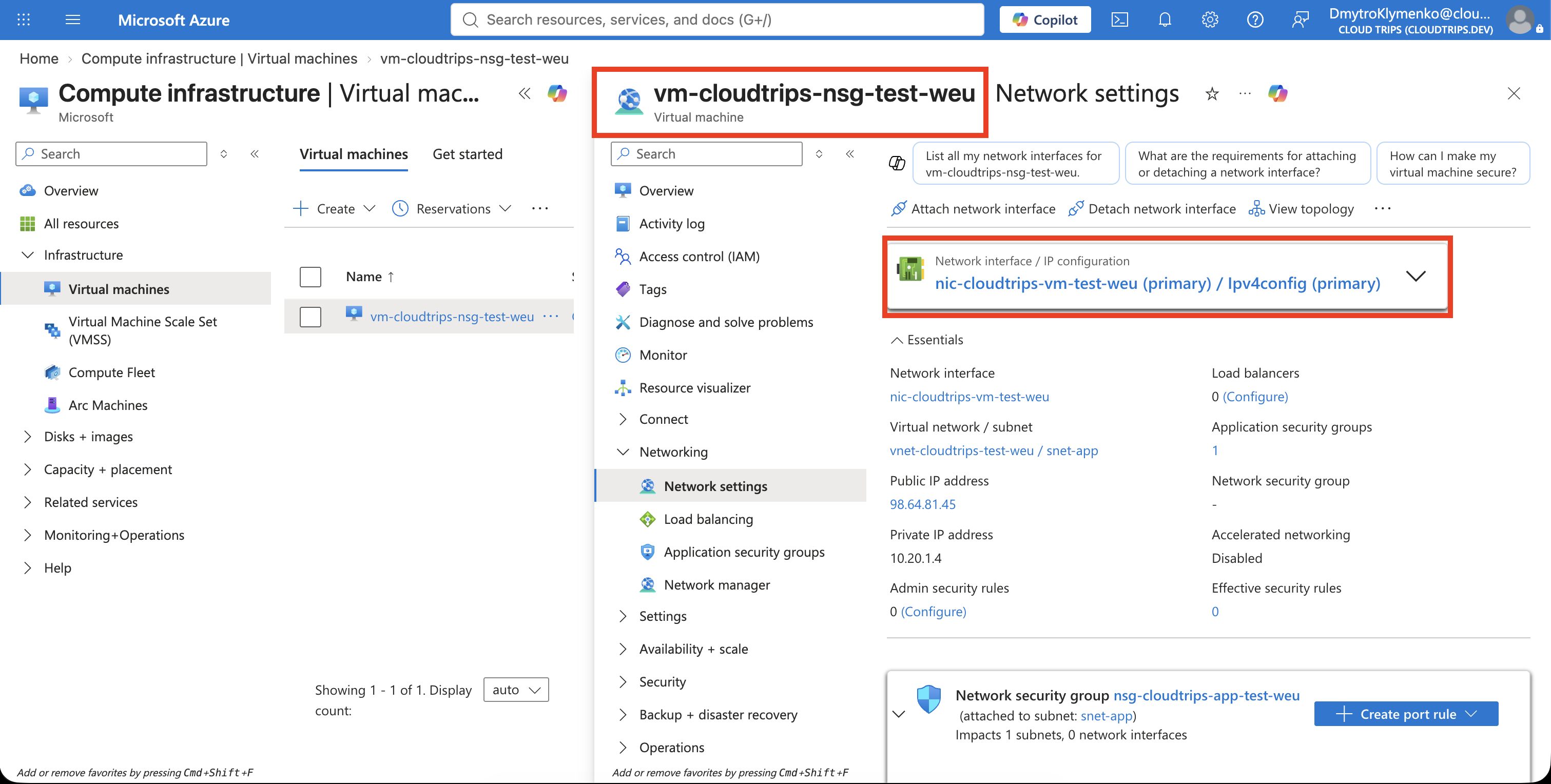 Azure Cloud Shell showing the temporary CloudTrips VM created with the existing NIC and running