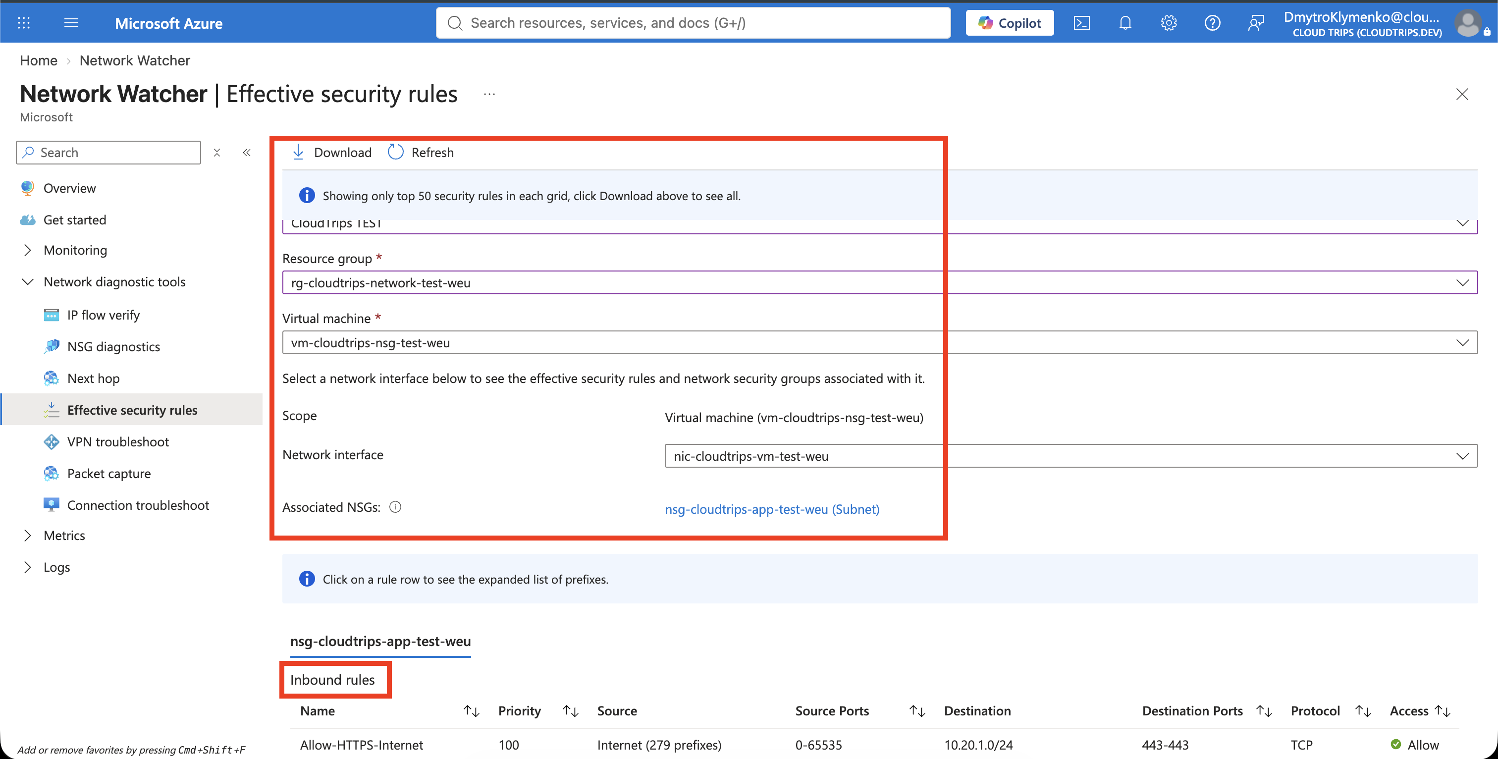 Network Watcher Effective security rules showing the rules applied to the temporary CloudTrips VM NIC