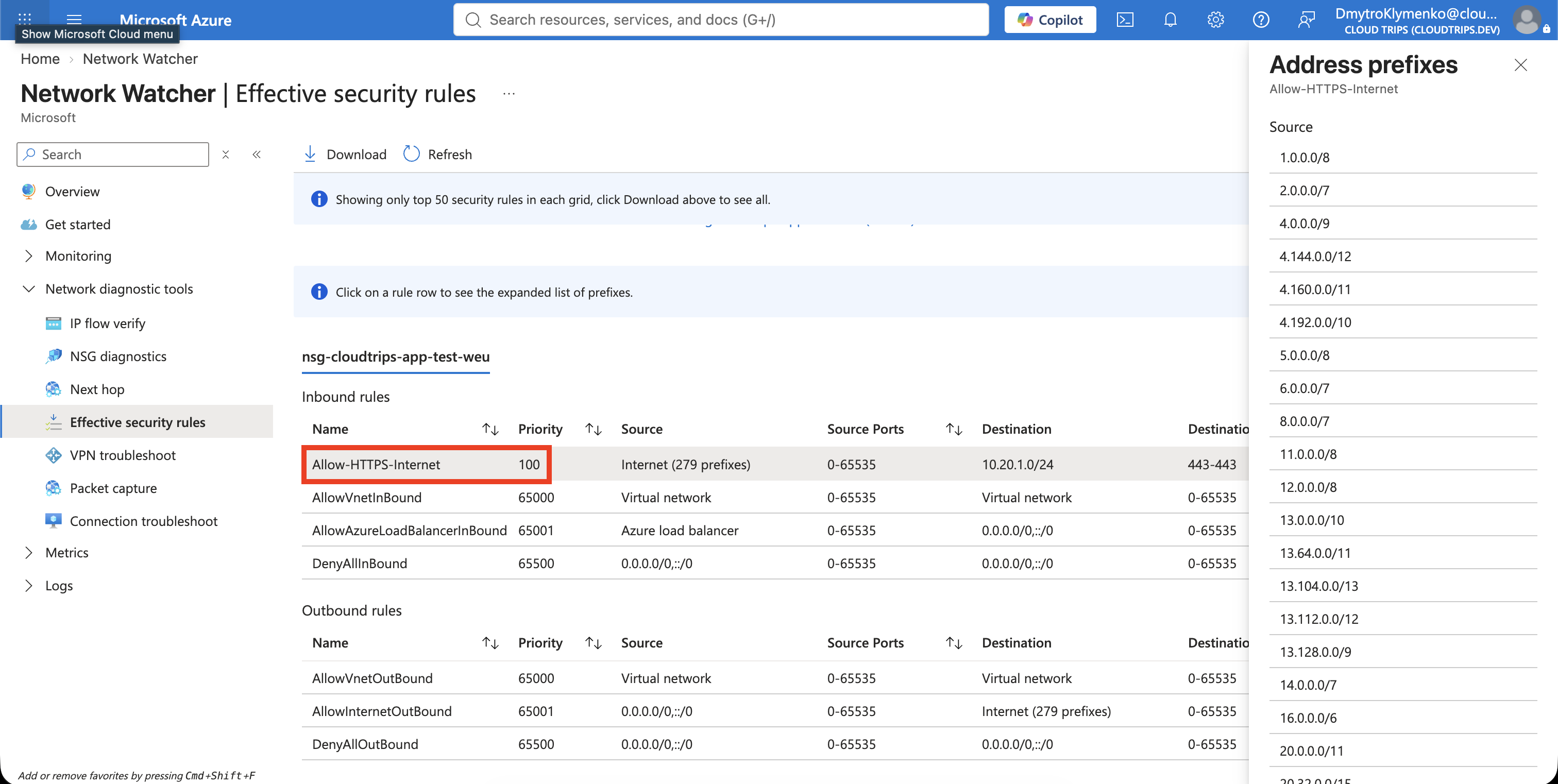 Expanded effective inbound rules showing HTTPS allowed and unmatched internet traffic denied
