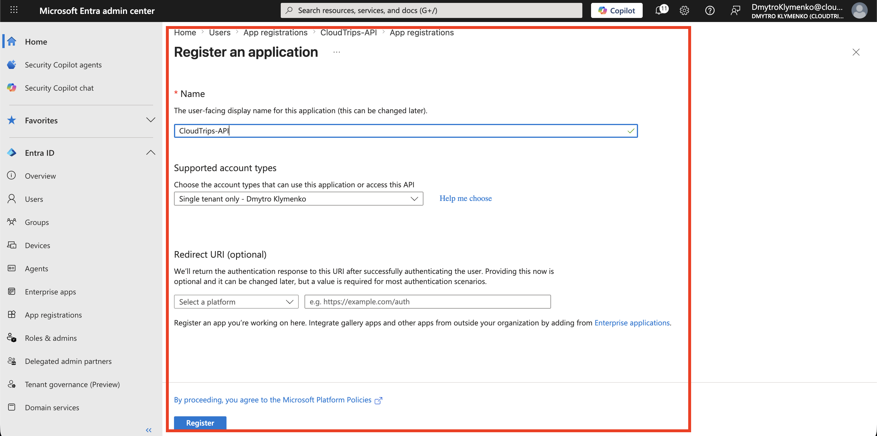 Microsoft Entra app registration creation page with CloudTrips API entered as the application name