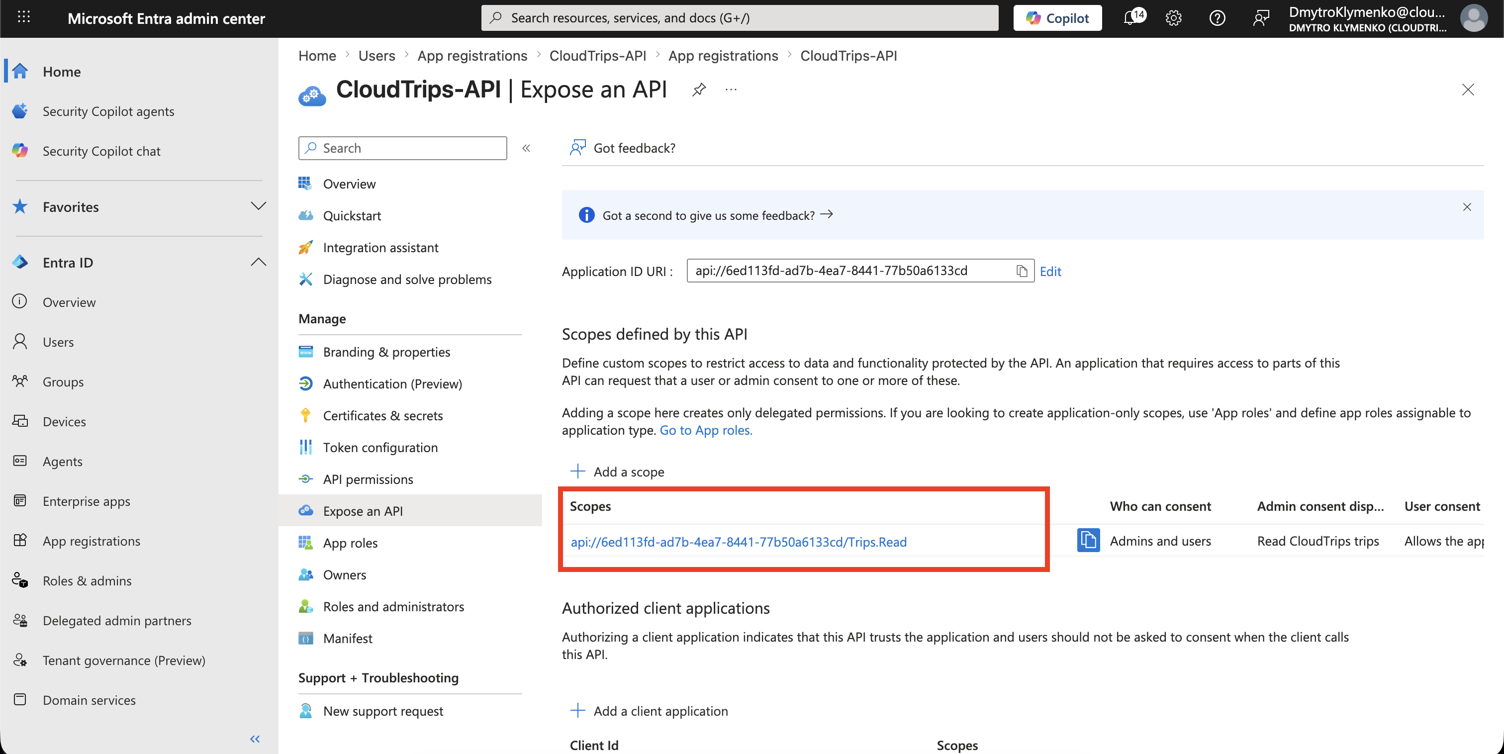 CloudTrips API Expose an API page showing the Trips.Read scope listed