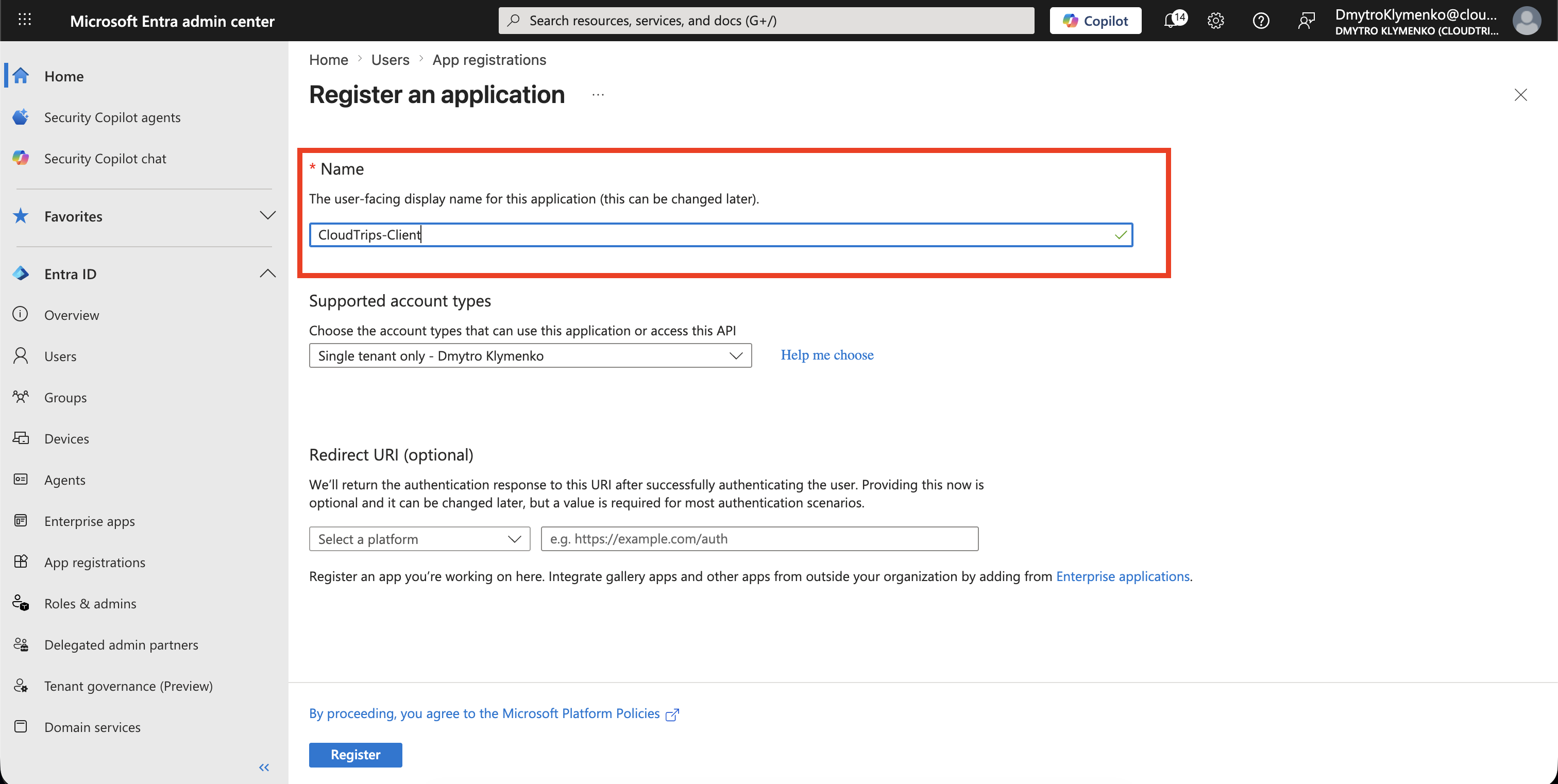 Microsoft Entra app registration creation page with CloudTrips Client entered as the application name
