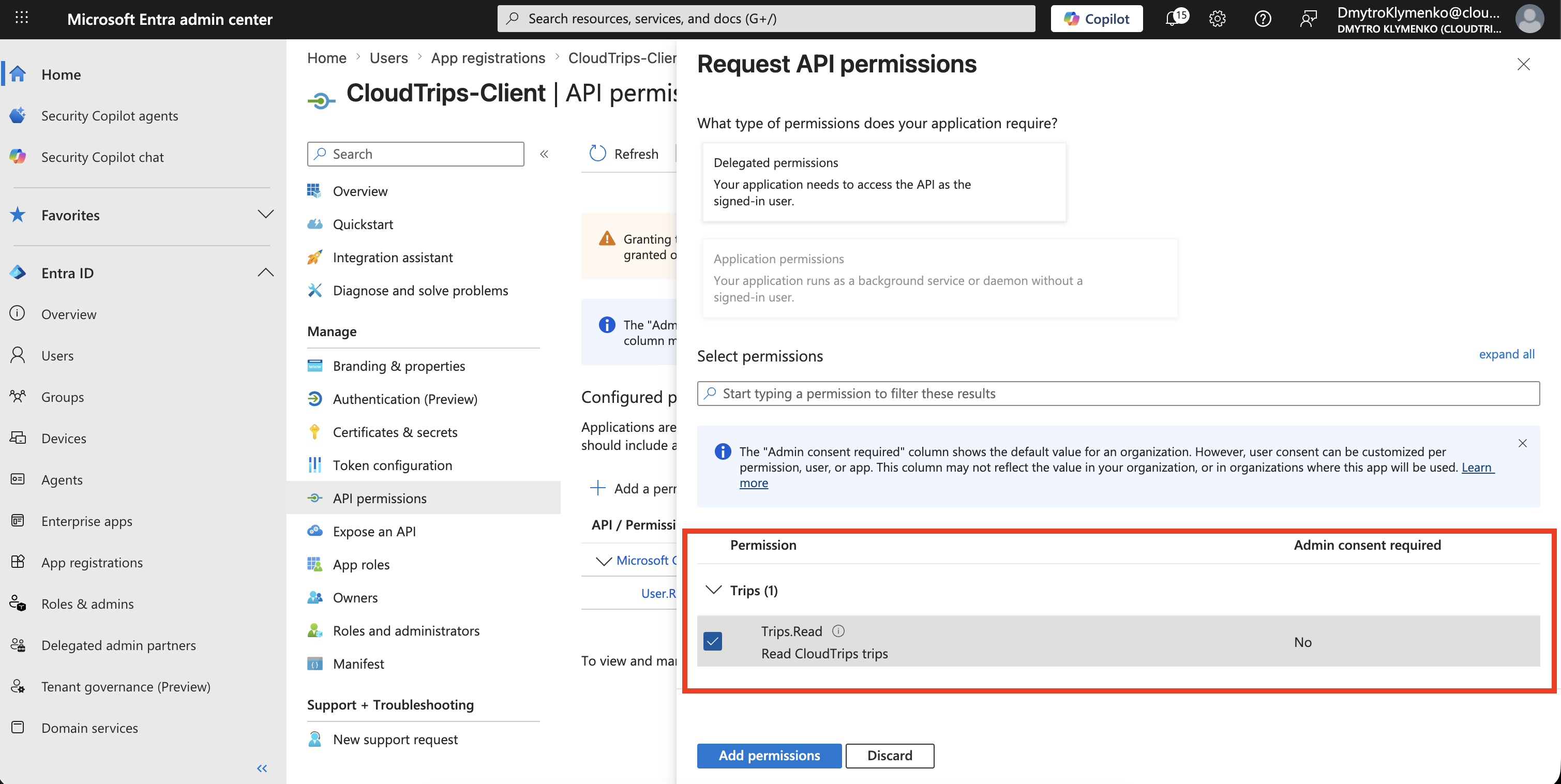 CloudTrips Client API permissions page showing CloudTrips API delegated Trips.Read selected