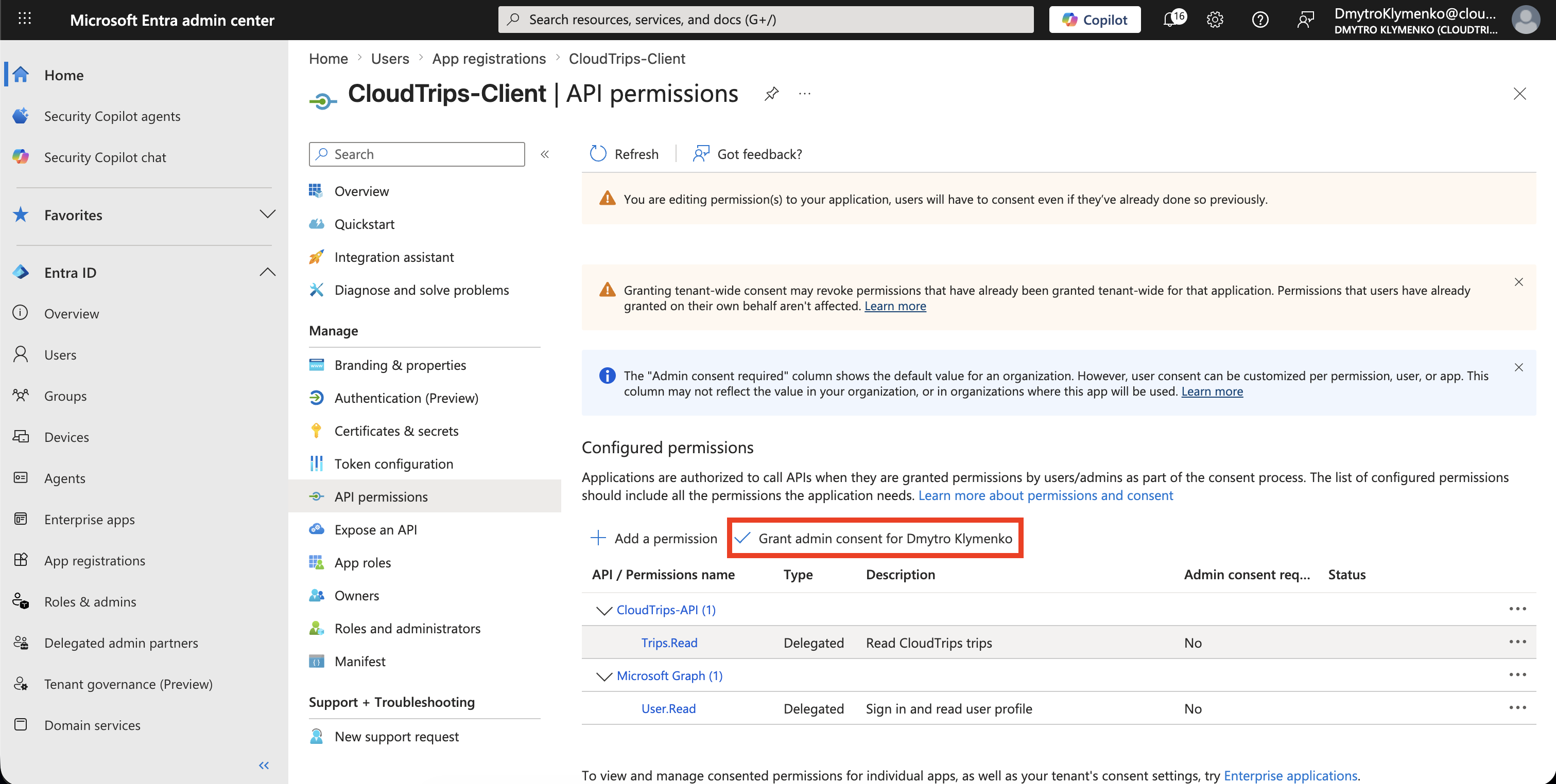 CloudTrips Client API permissions page showing admin consent granted for Trips.Read