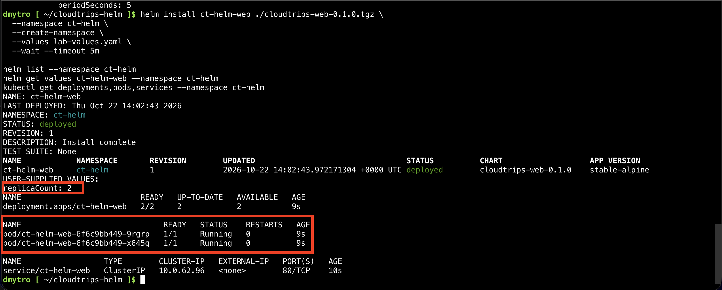 AKS portal showing the Helm-installed ct-helm-web Deployment with two ready replicas.