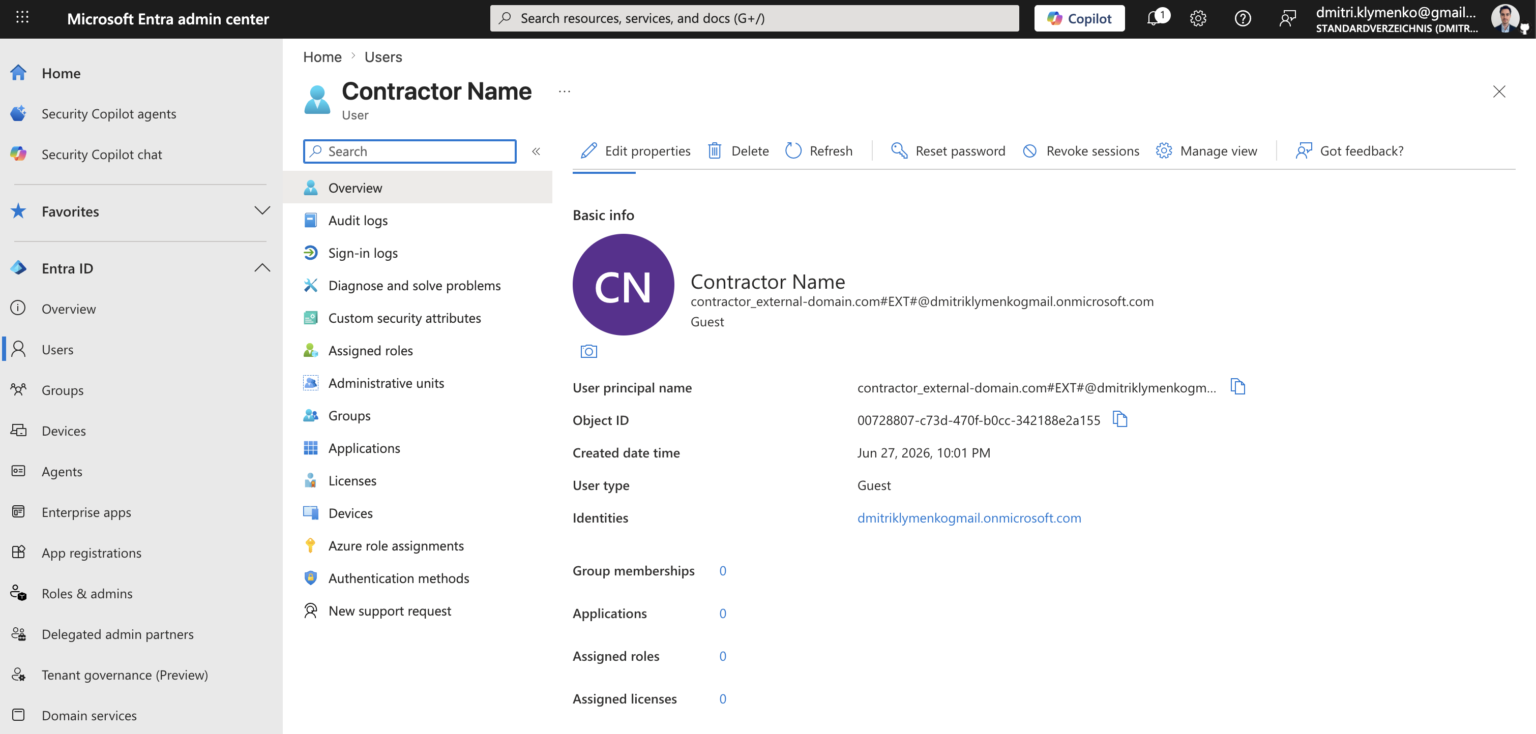Microsoft Entra Benutzerliste mit neuem Gastbenutzer und User type Guest