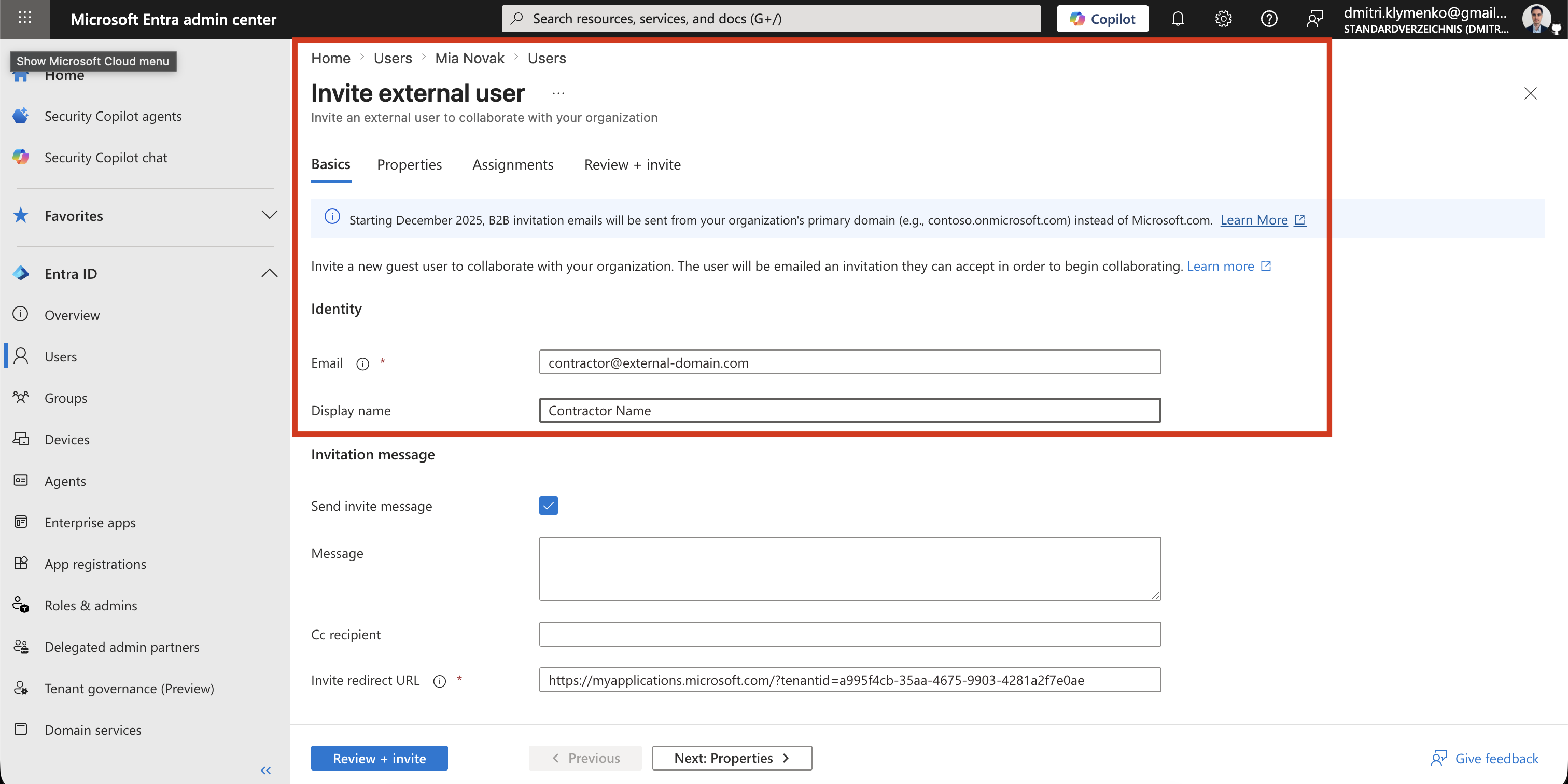 Microsoft Entra Invite external user-Formular mit ausgefüllter E-Mail-Adresse und Anzeigename