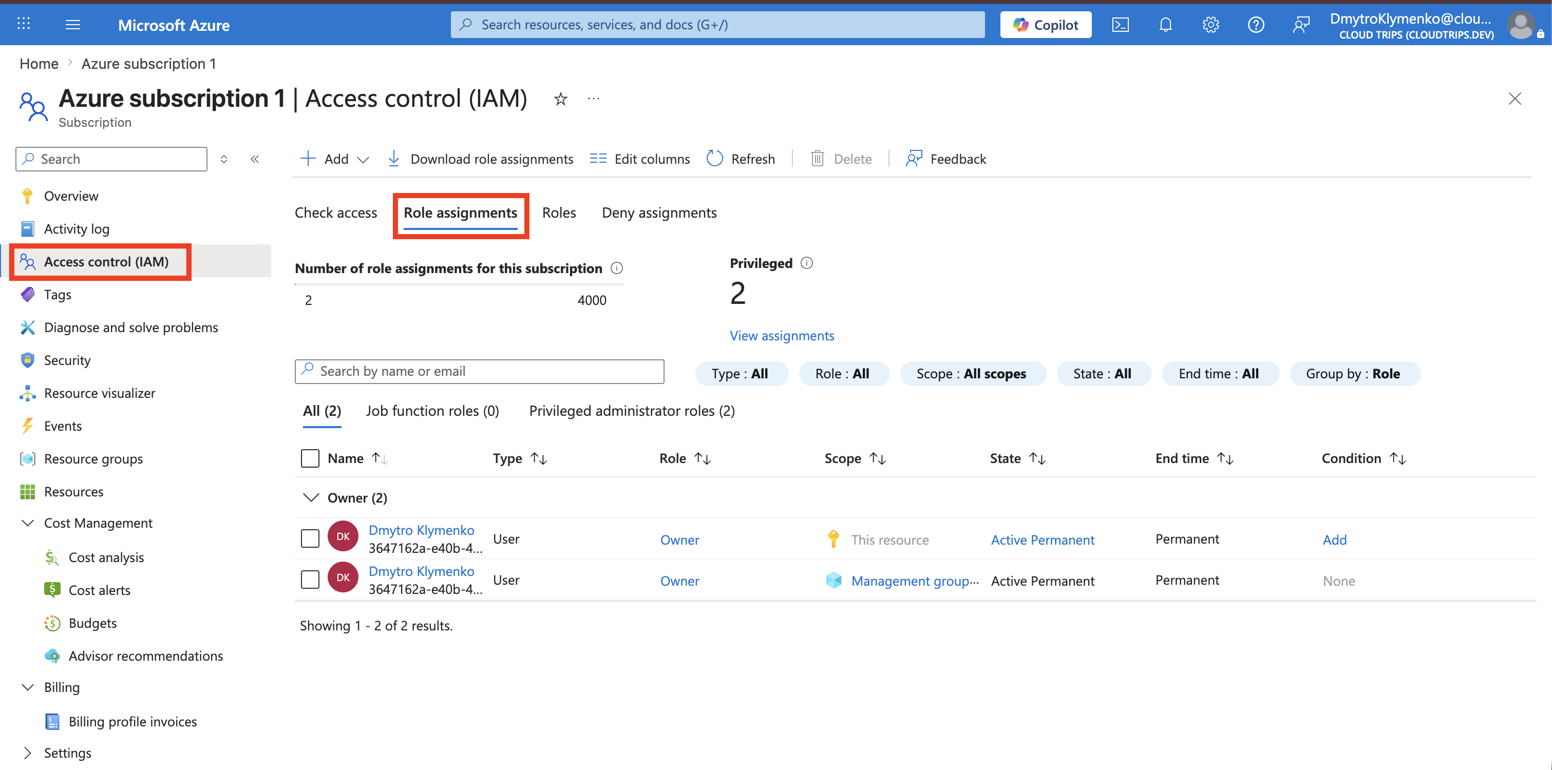 Subscription Access control IAM page showing role assignments and their scopes