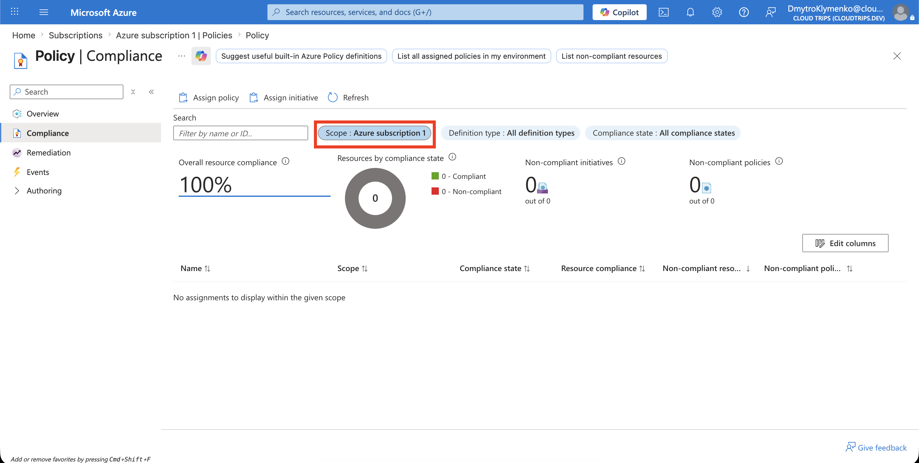 Azure Policy Compliance page scoped to Azure subscription 1