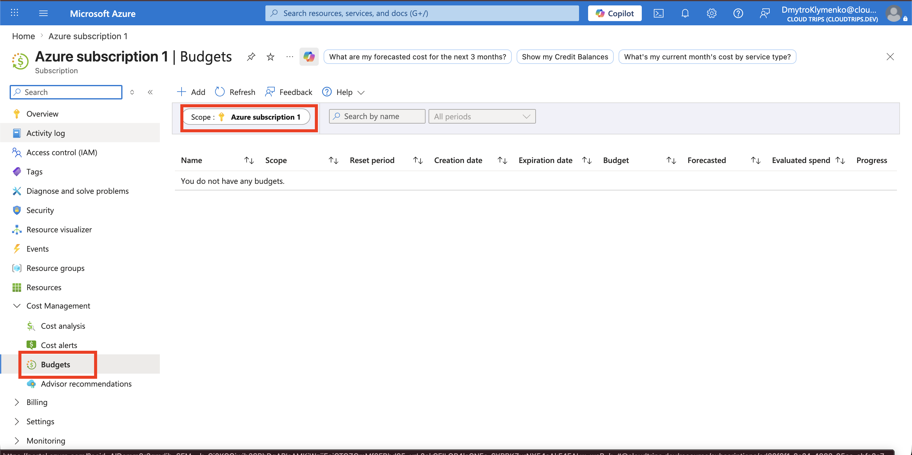 Cost Management Budgets page for Azure subscription 1