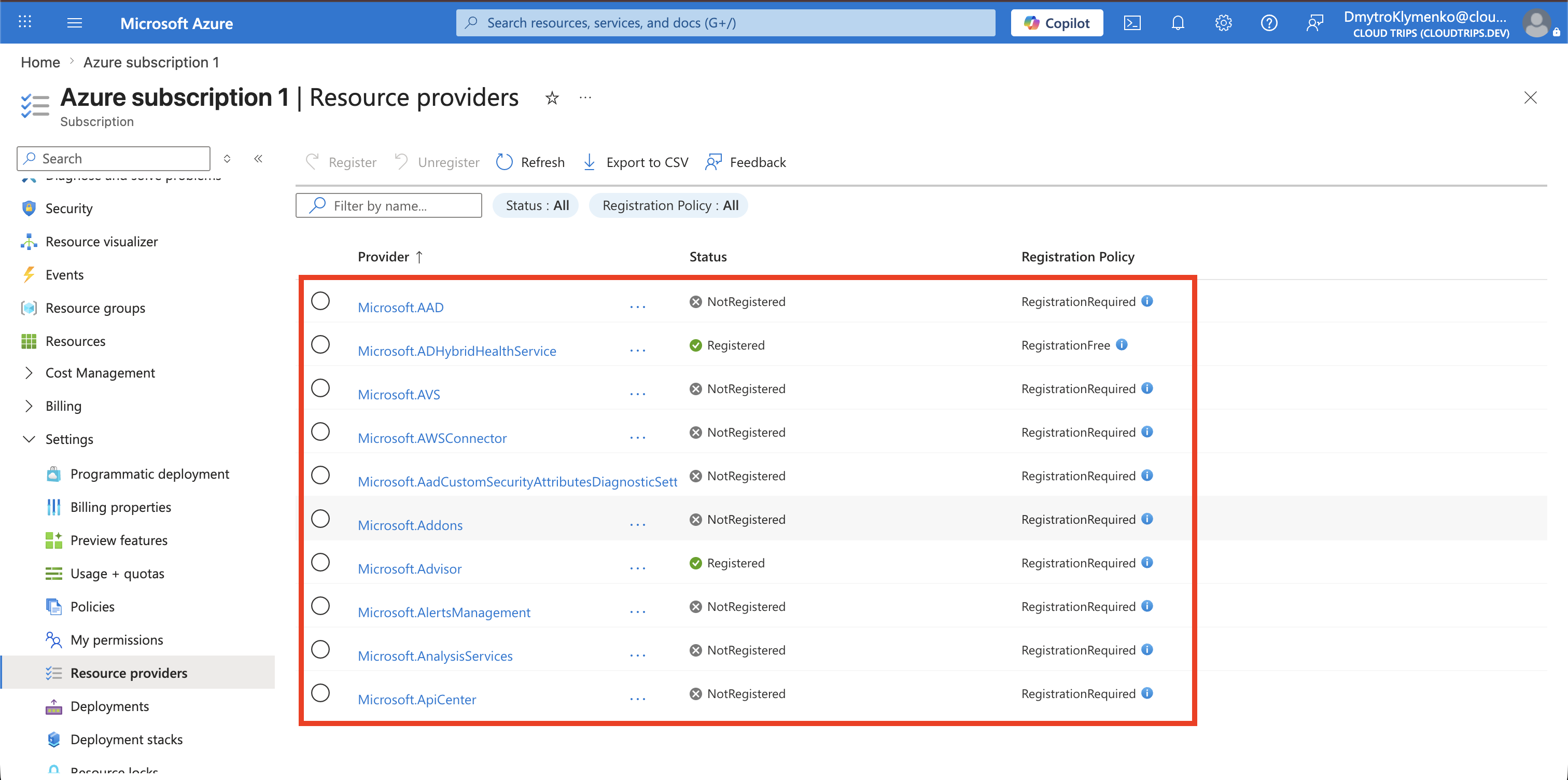Resource providers page showing registration states for Azure subscription 1
