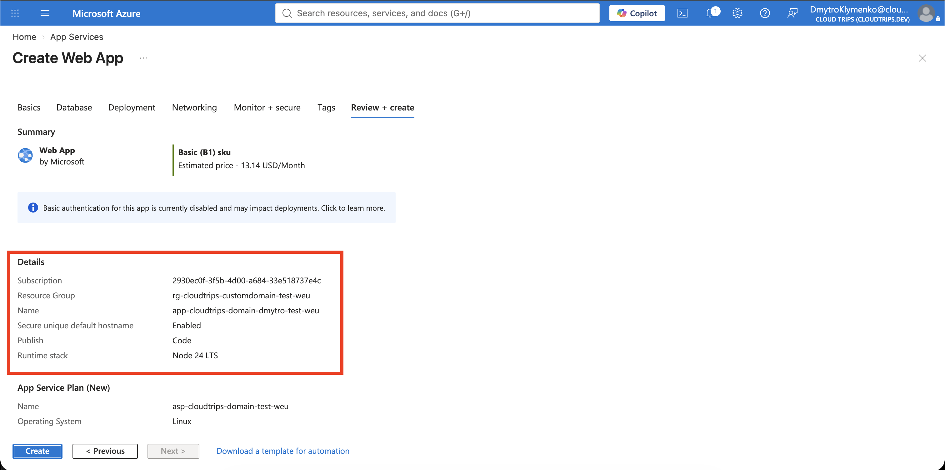 Create Web App page showing the standalone Node 24 Linux app on a Basic B1 plan