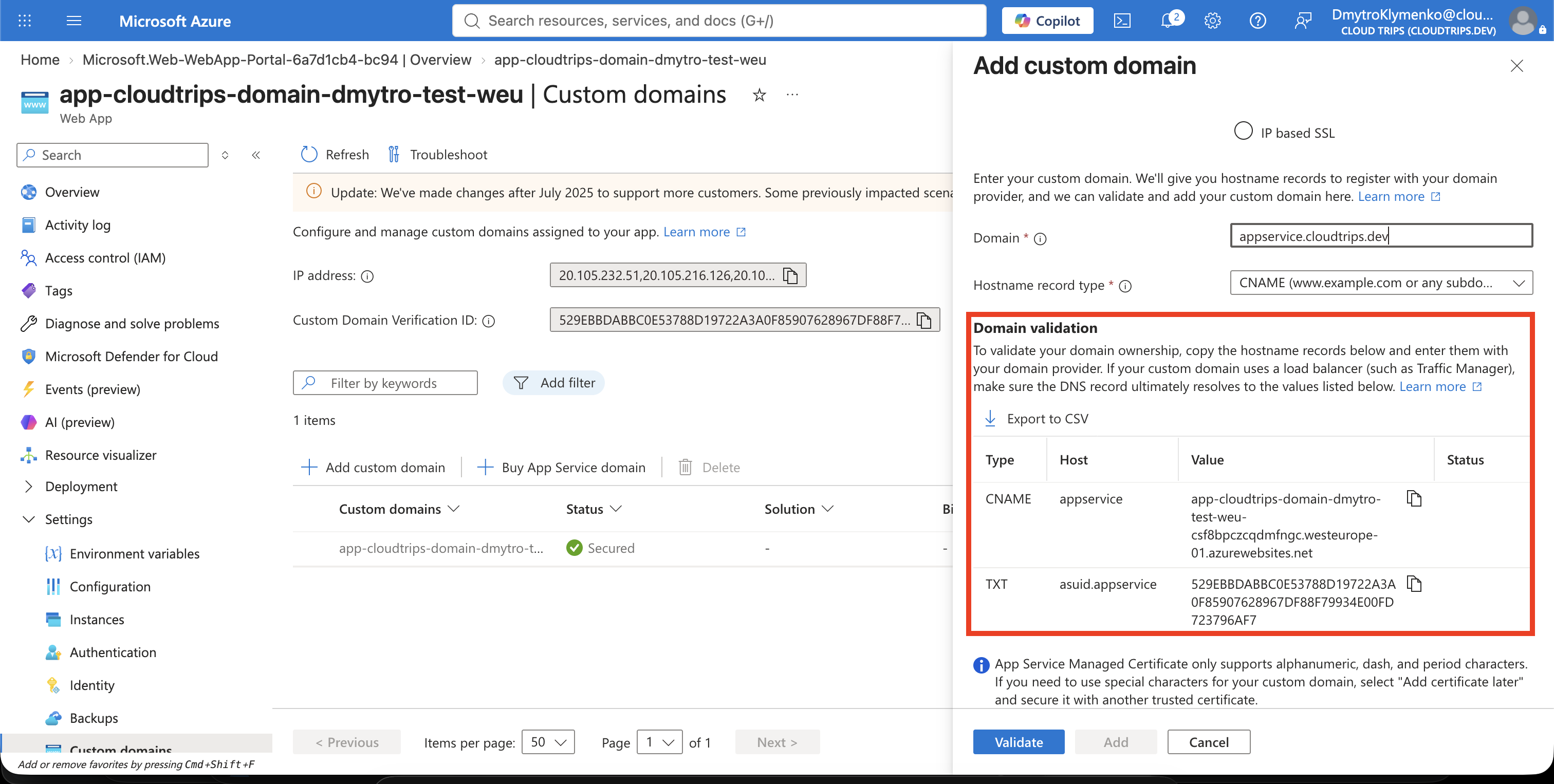 Add custom domain pane configured for appservice.cloudtrips.dev with Add certificate later selected