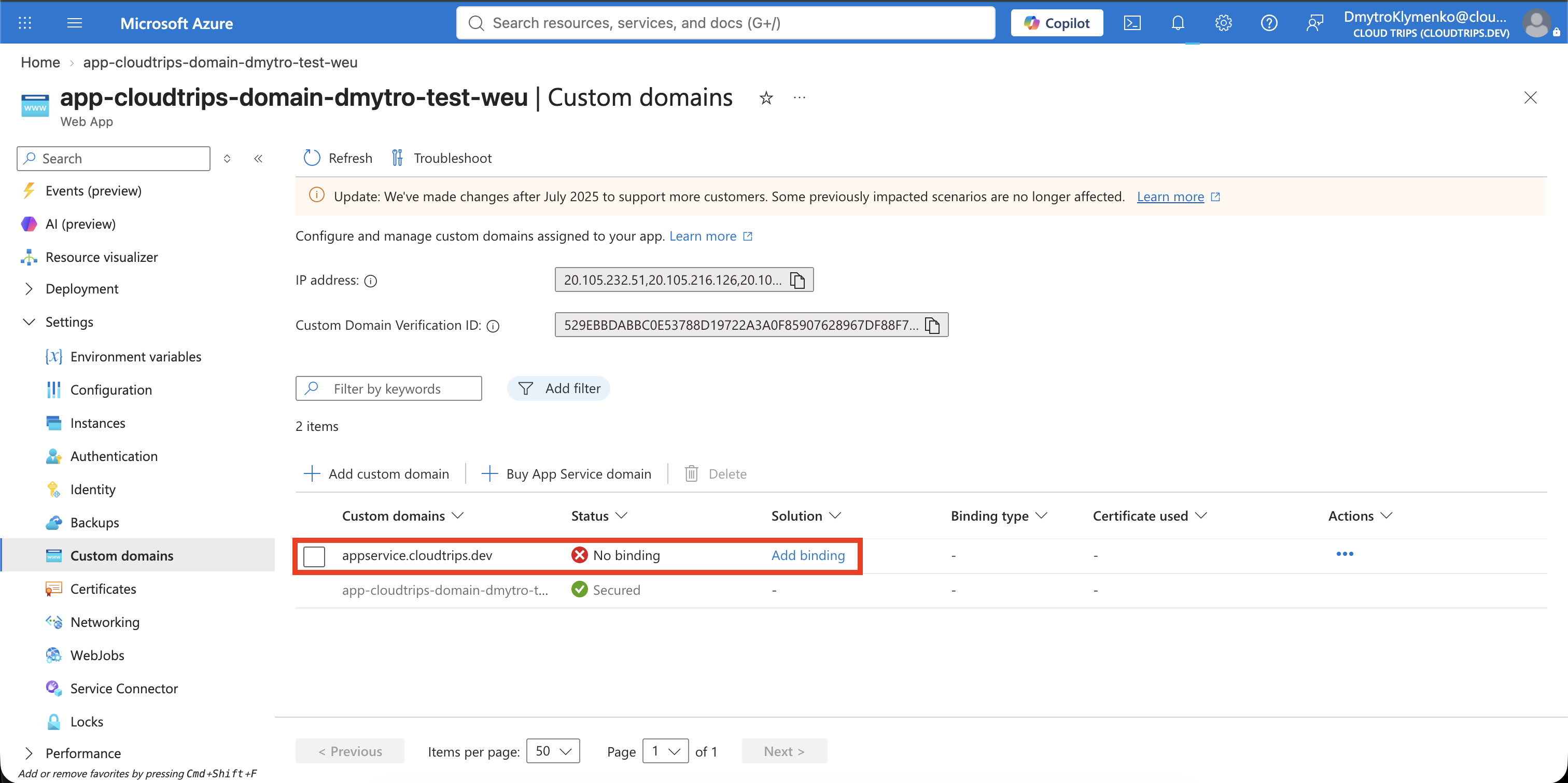 App Service Custom domains page showing appservice.cloudtrips.dev mapped with no TLS binding