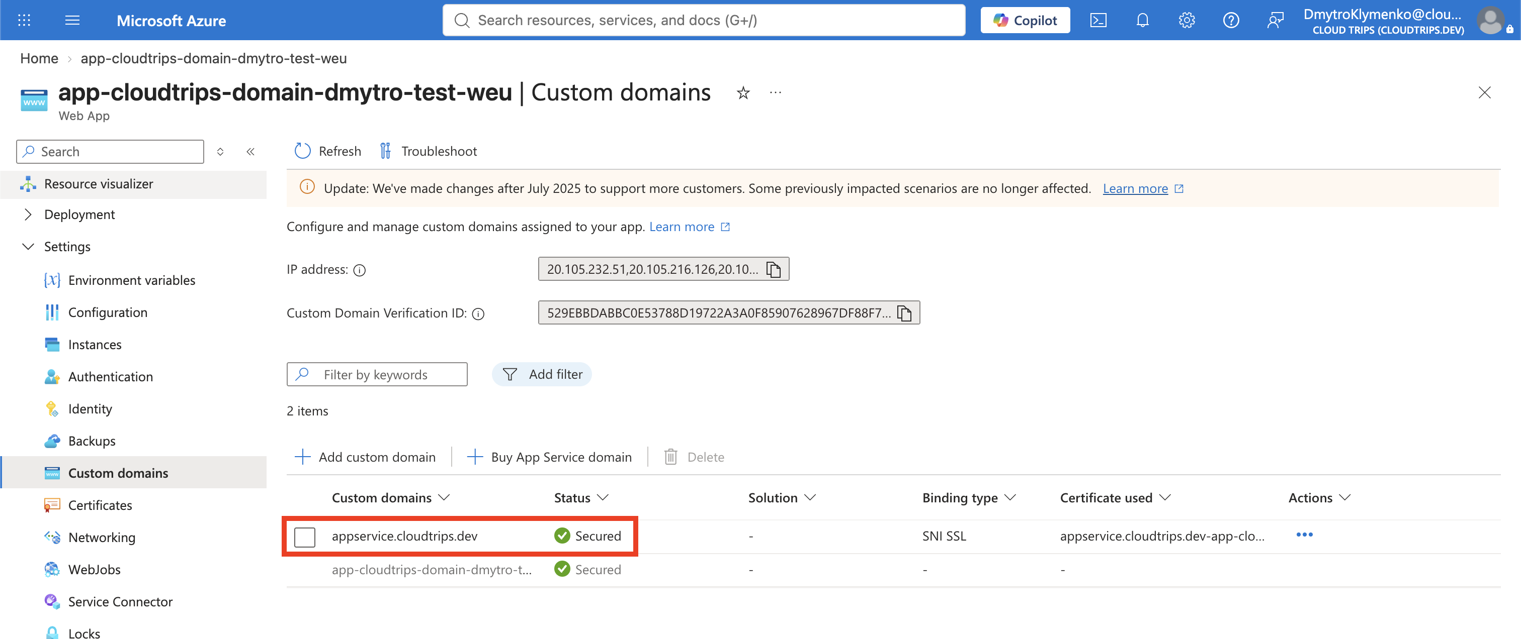 Custom domains page showing appservice.cloudtrips.dev secured with an SNI SSL binding
