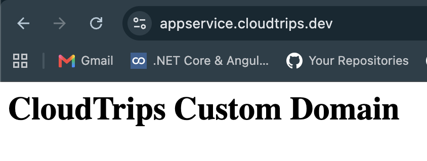 Browser showing the CloudTrips web app over HTTPS at appservice.cloudtrips.dev