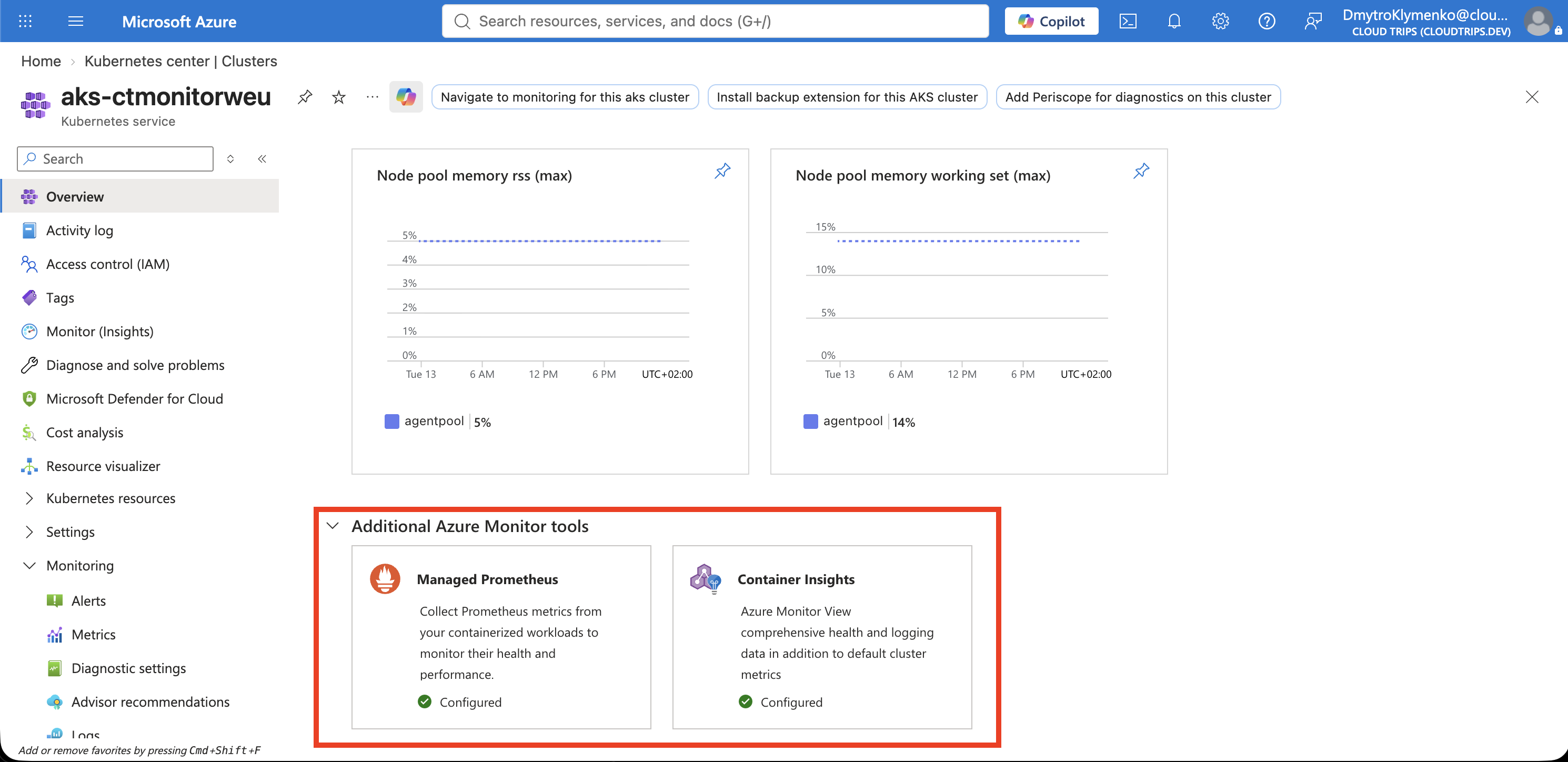 Cluster monitoring settings showing both enabled collectors and their respective workspaces.