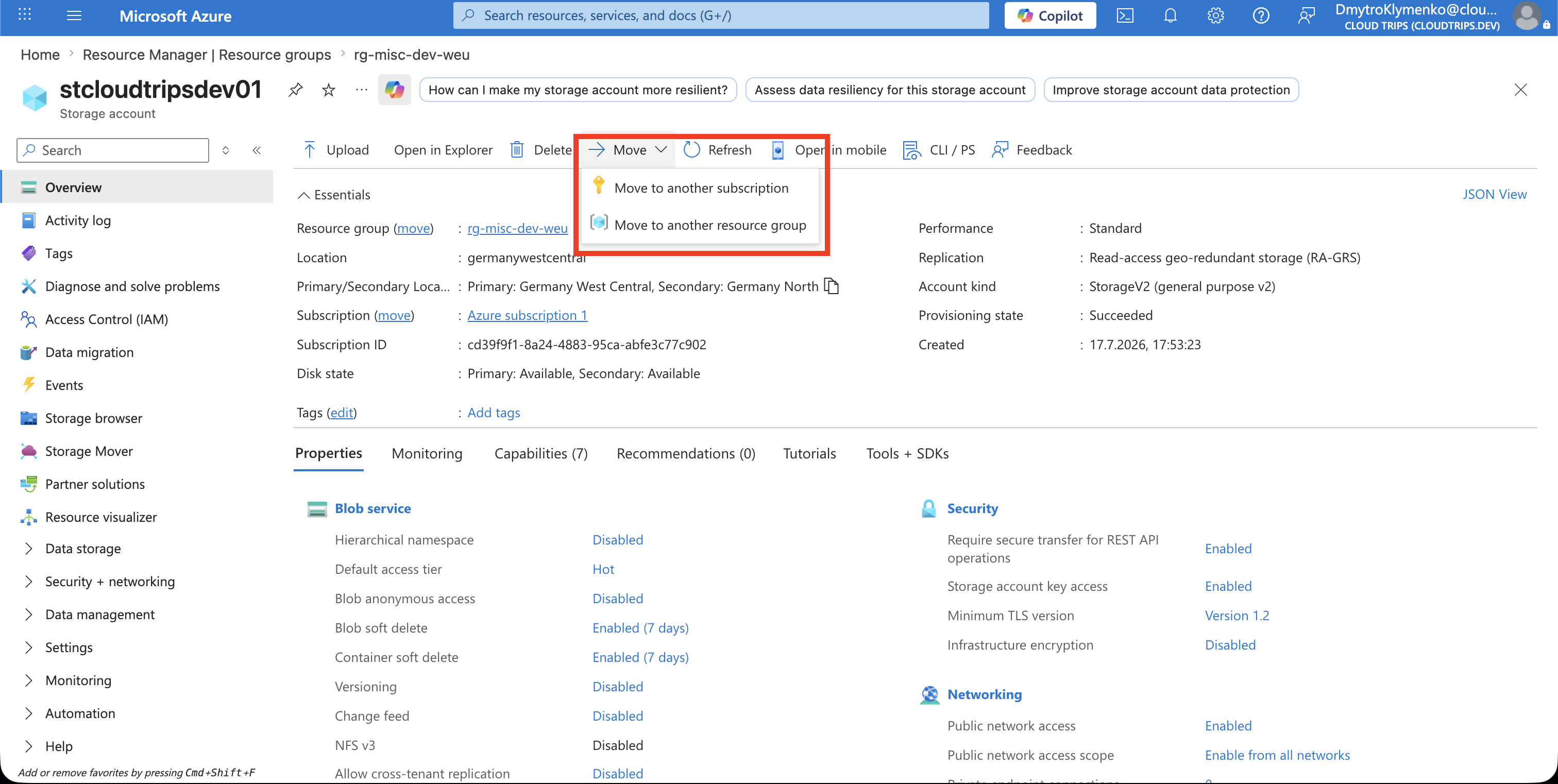 Source resource group with the resource selected and Move to another resource group available