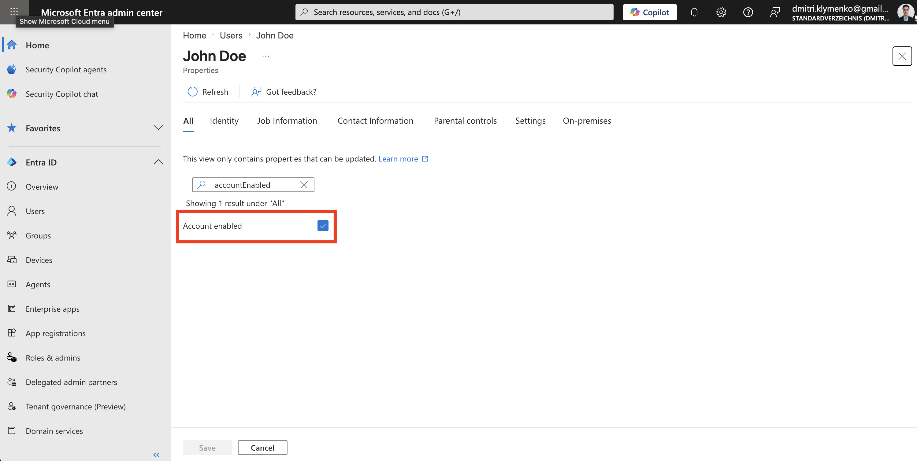 User account settings showing the account enabled option set to false