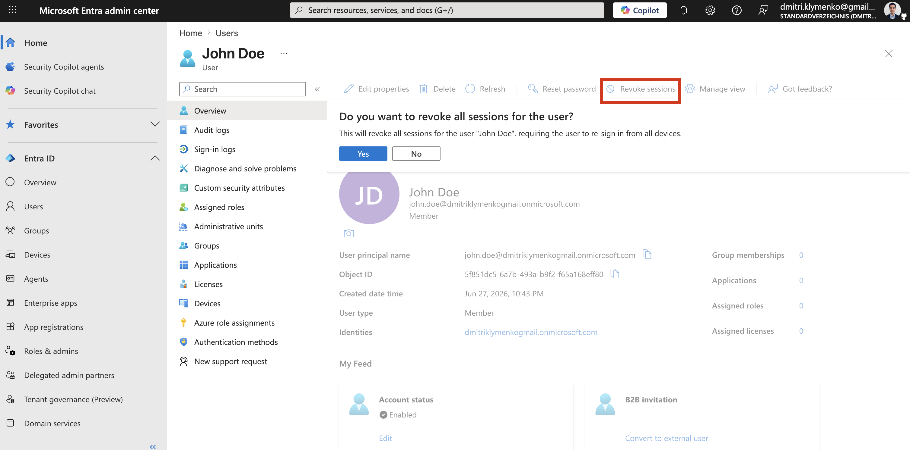User profile action showing the revoke sessions option
