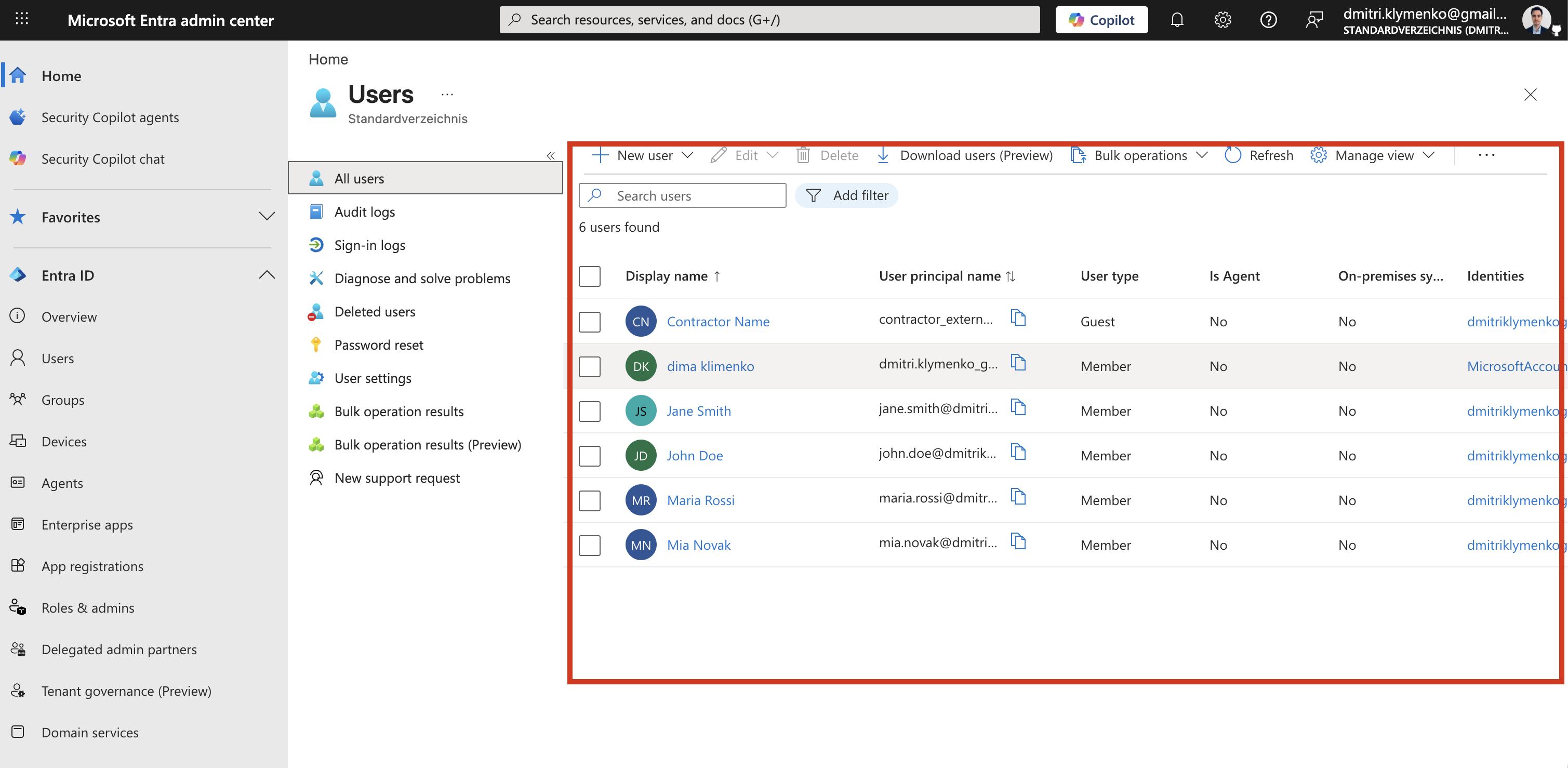 Microsoft Entra ID user list showing selectable user accounts